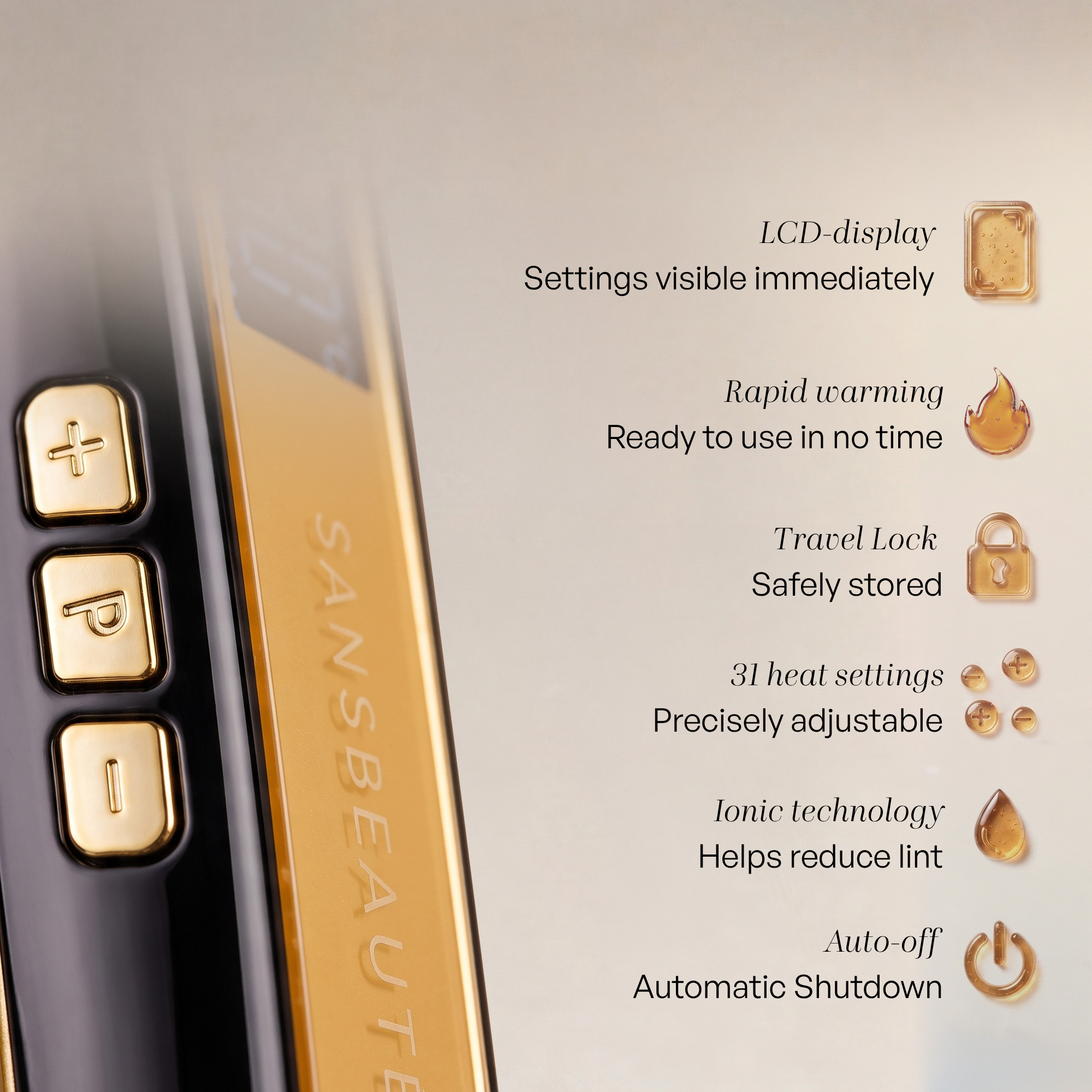 Gold and black hair styling tool displaying features and control buttons.