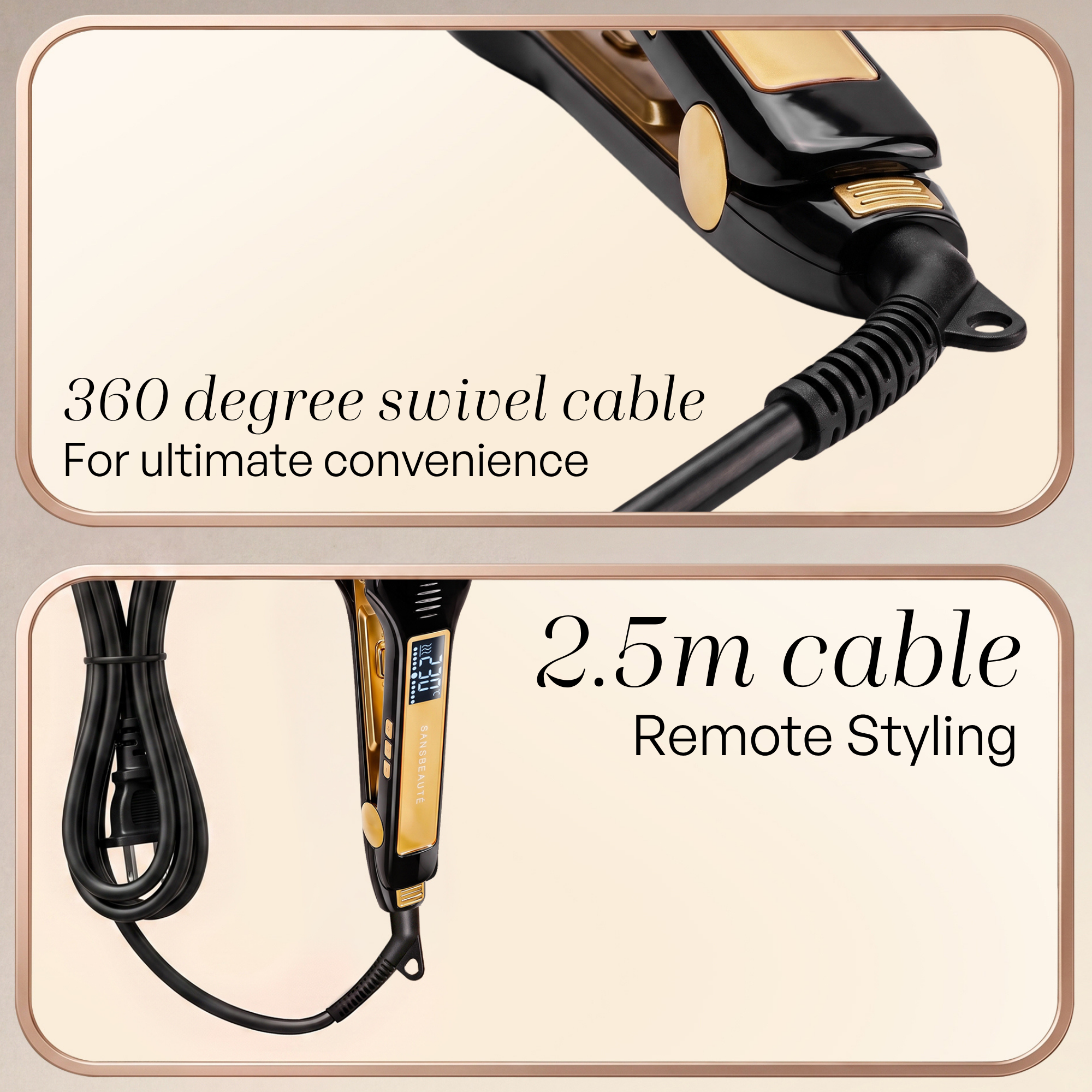 Hair straightener featuring a 360-degree swivel cable and a 2.5m long cord for styling convenience.