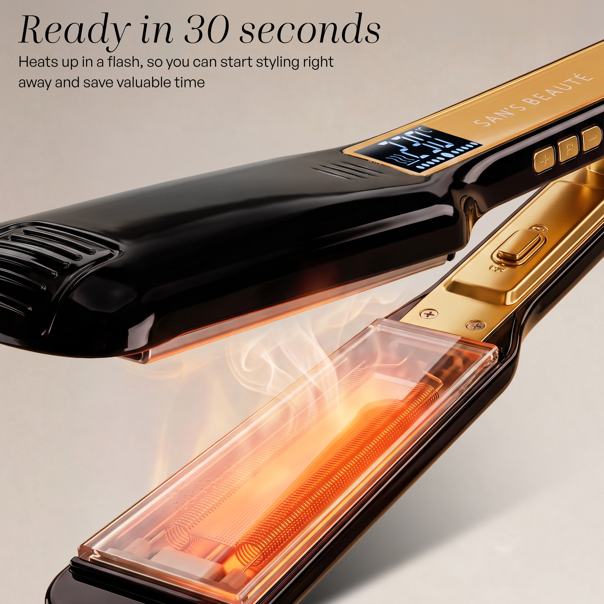 Black and gold hair straightener with steam and digital display, ready in 30 seconds.