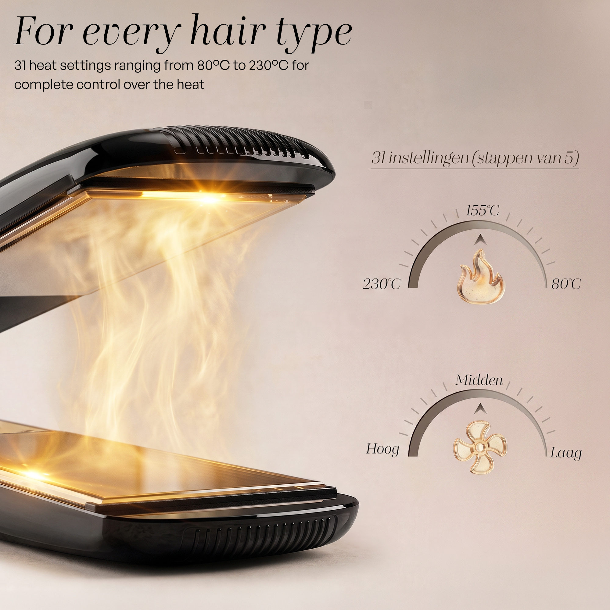 An open black hair straightener with glowing steam and temperature dials.