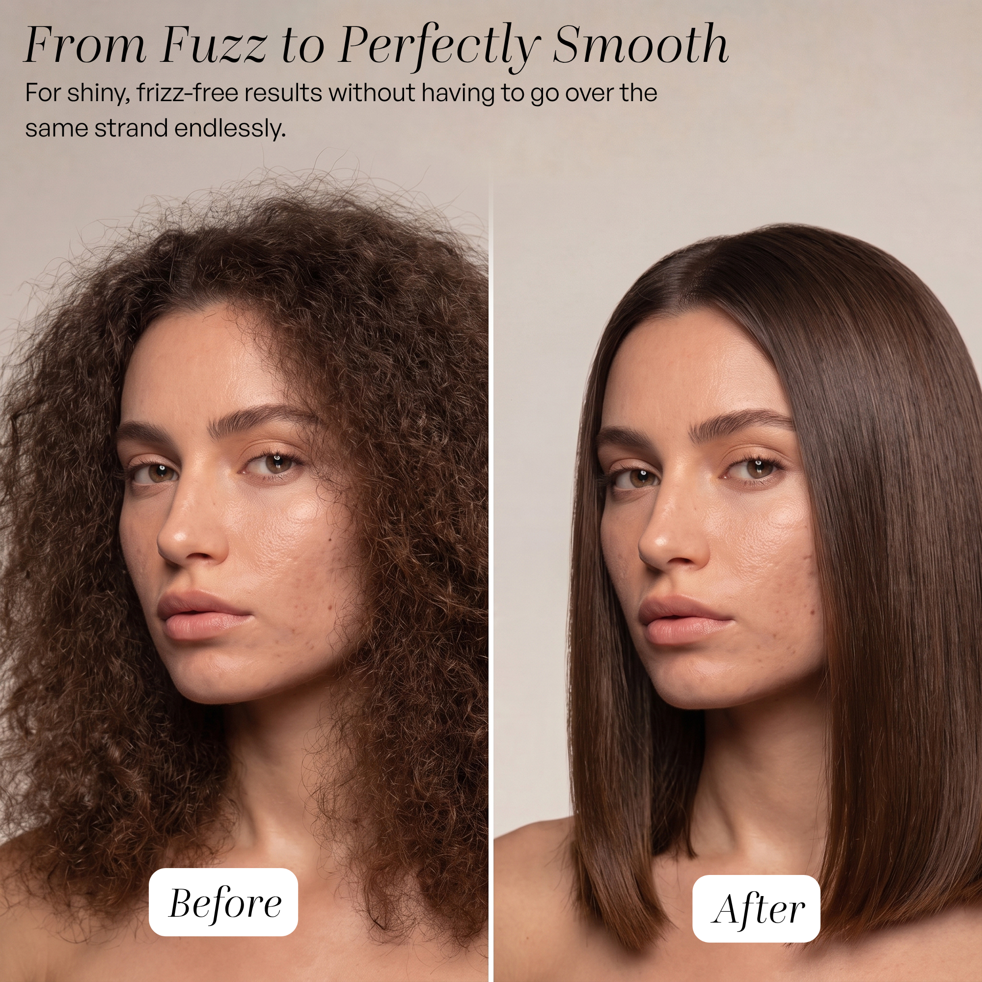 Before and after comparison shows hair transforming from frizzy to smooth and shiny.
