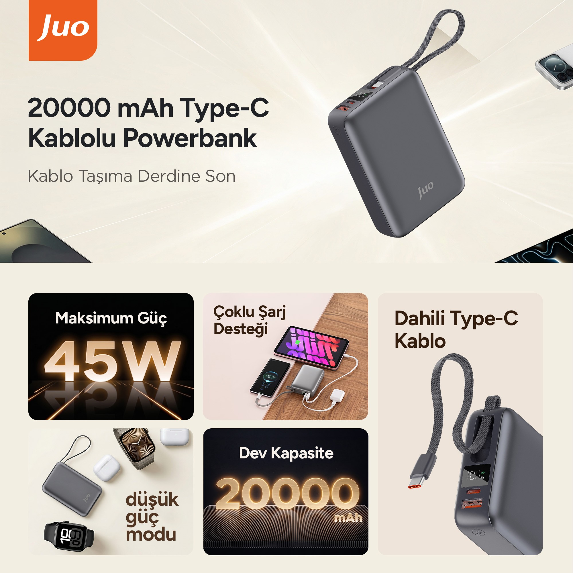 45W güç, dahili Tip-C kablo ve çoklu şarj desteğine sahip Juo 20000 mAh powerbank.
