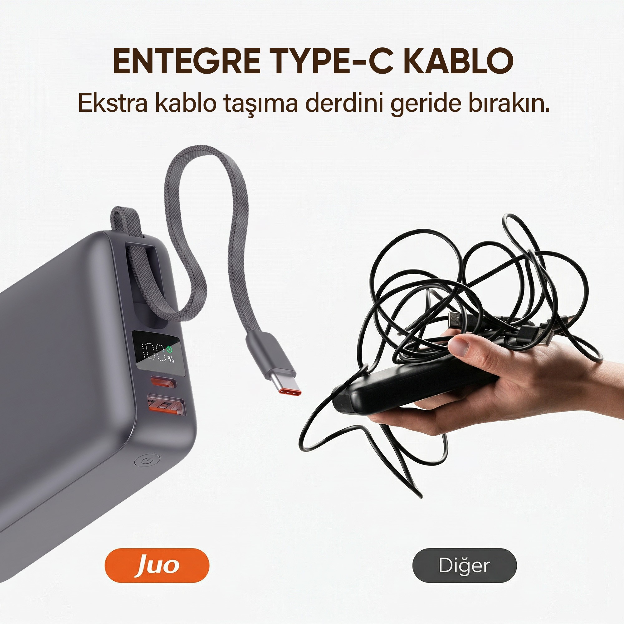 Entegre kablolu bir taşınabilir şarj cihazı ile karışık kabloların karşılaştırılması.