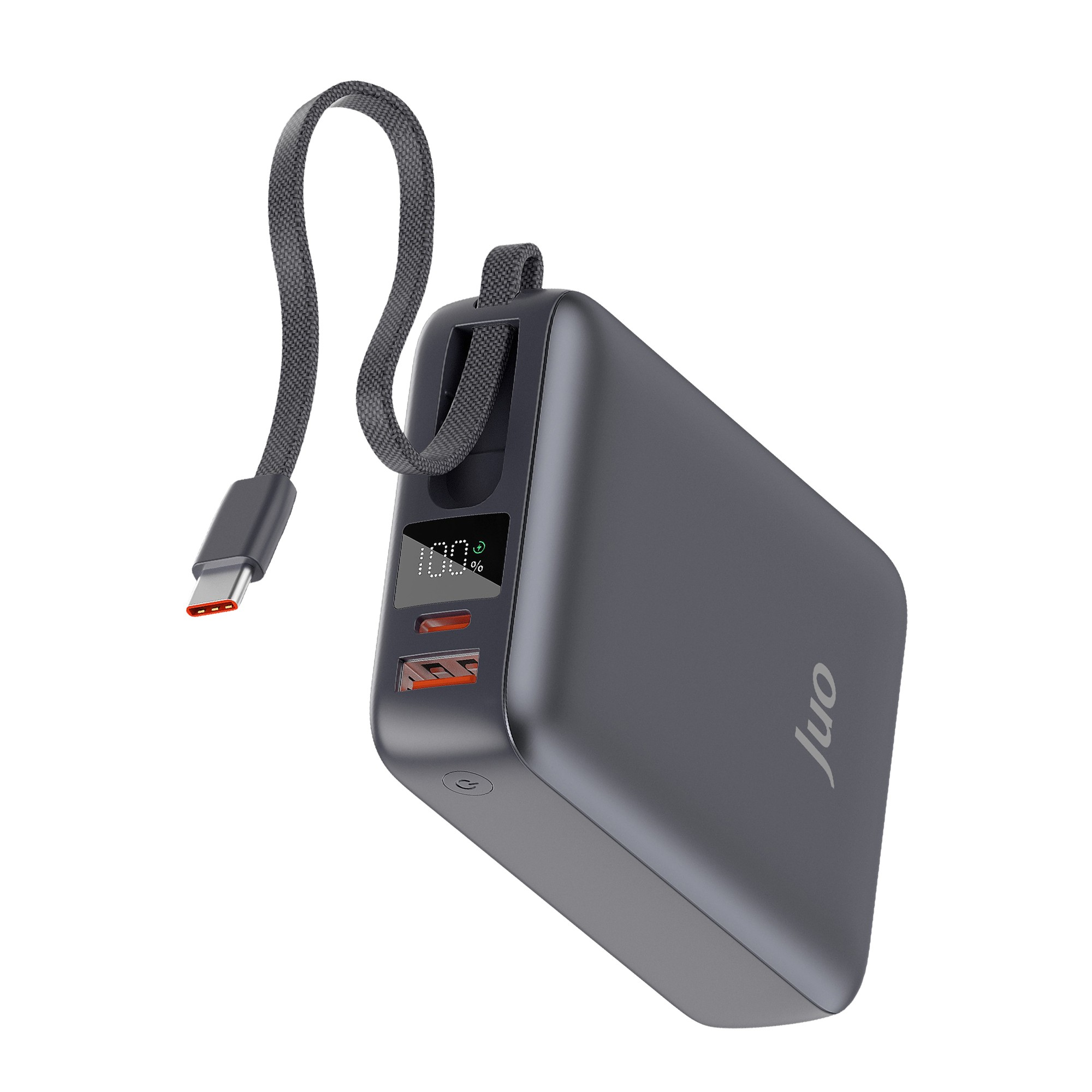 Beyaz arkaplanda yer alan, dahili Tip-C kablolu, dijital pil göstergeli ve turuncu USB portlu koyu gri taşınabilir şarj cihazı.