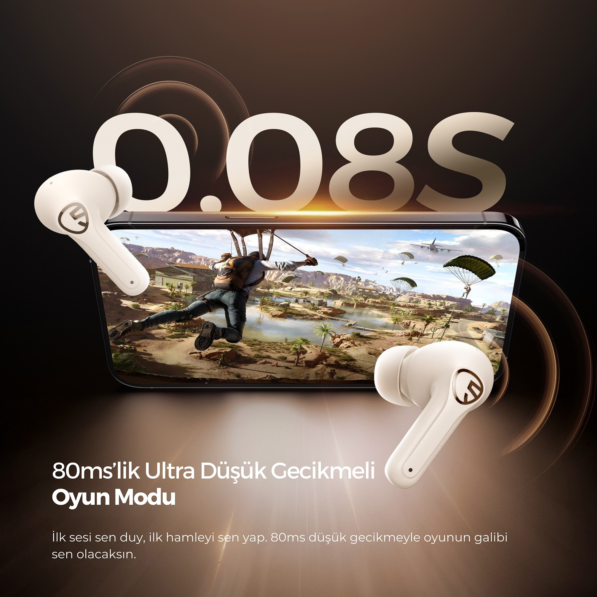 İki beyaz kulaklık ve oyun sahnesi olan akıllı telefon, 0.08S ve 80ms Ultra-Düşük Gecikmeli Oyun Modu yazısıyla çevrili.