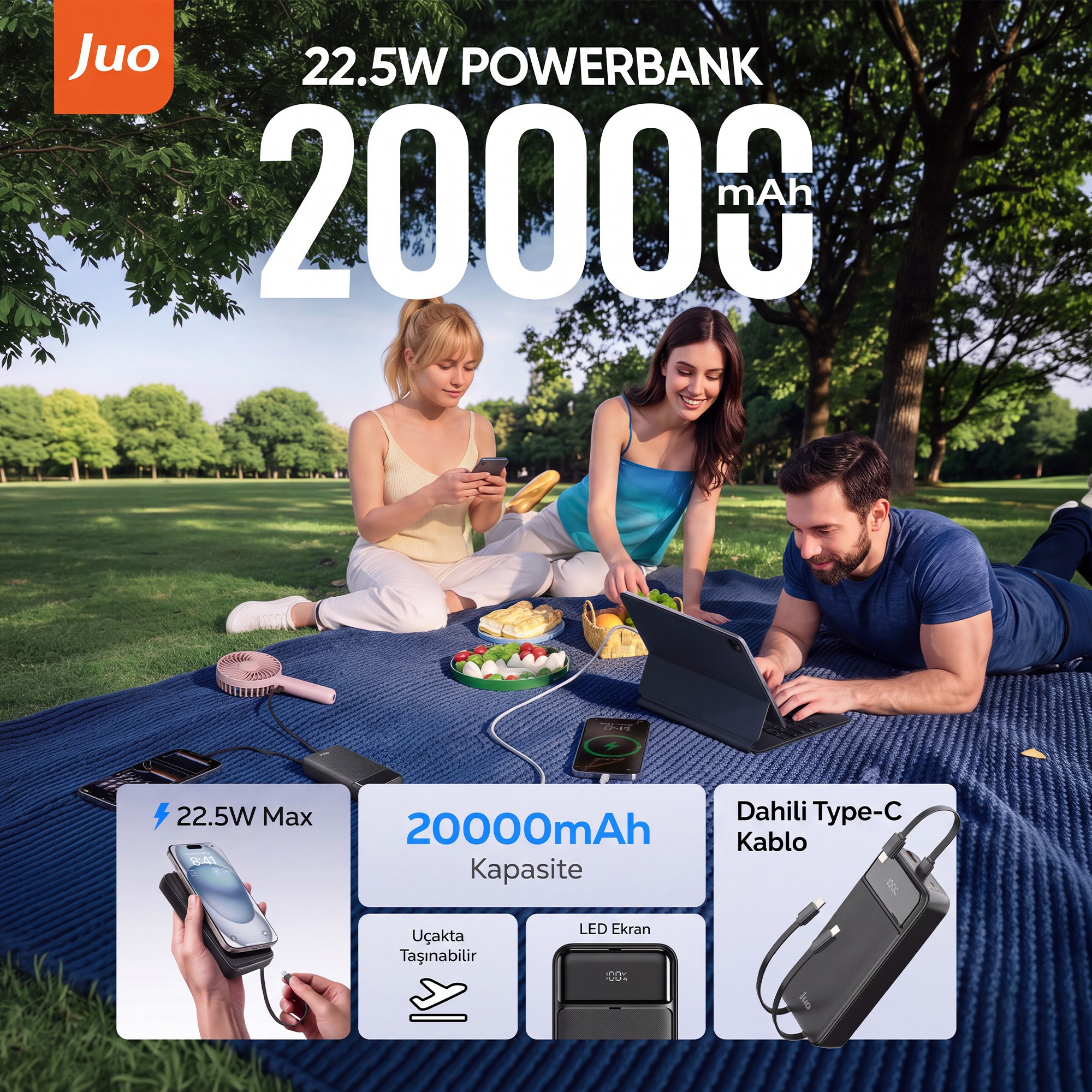 Bir parkta piknik örtüsünde elektronik cihazlar ve powerbank ile dinlenen üç arkadaş.