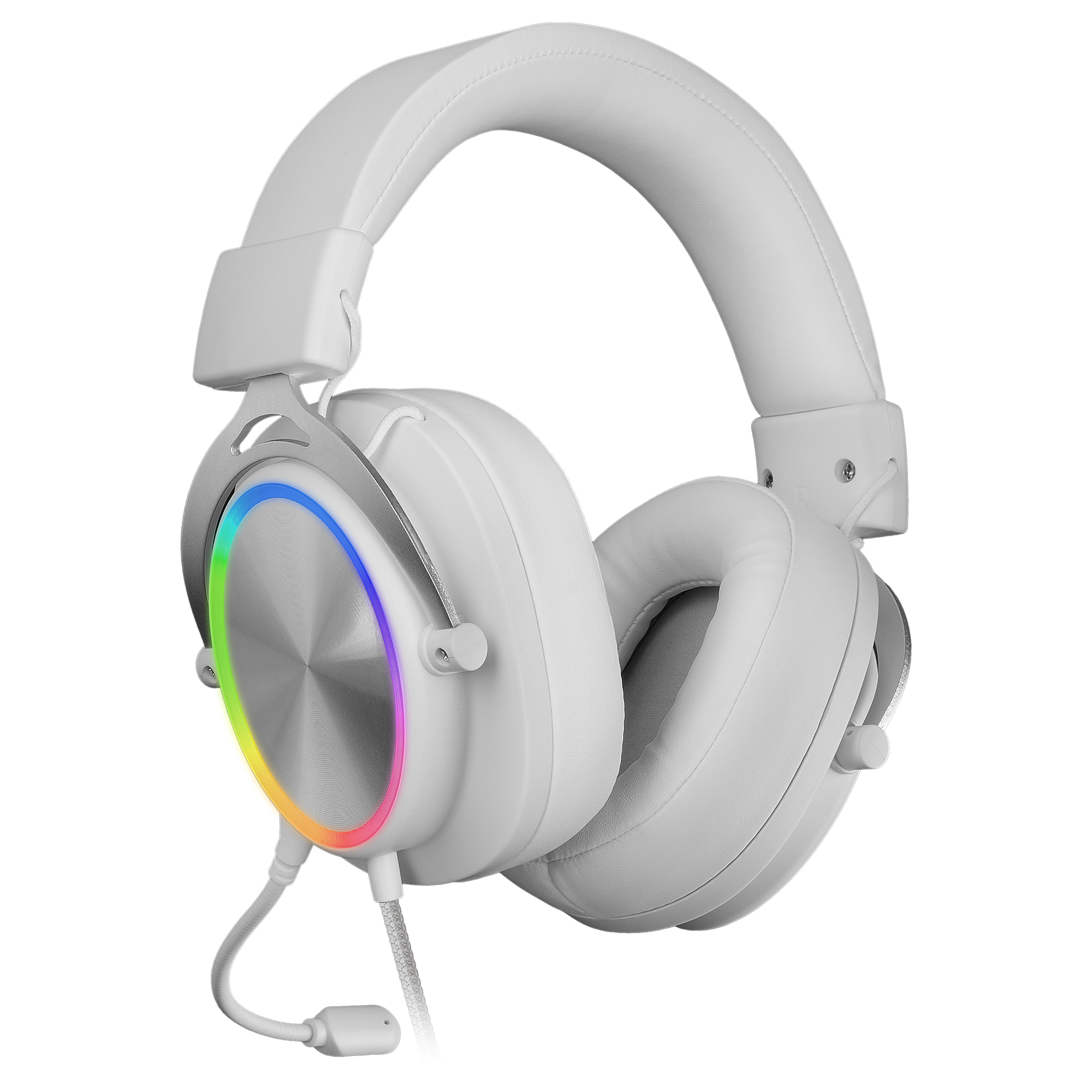 Cuffie da gioco bianche con illuminazione RGB e microfono su sfondo bianco.