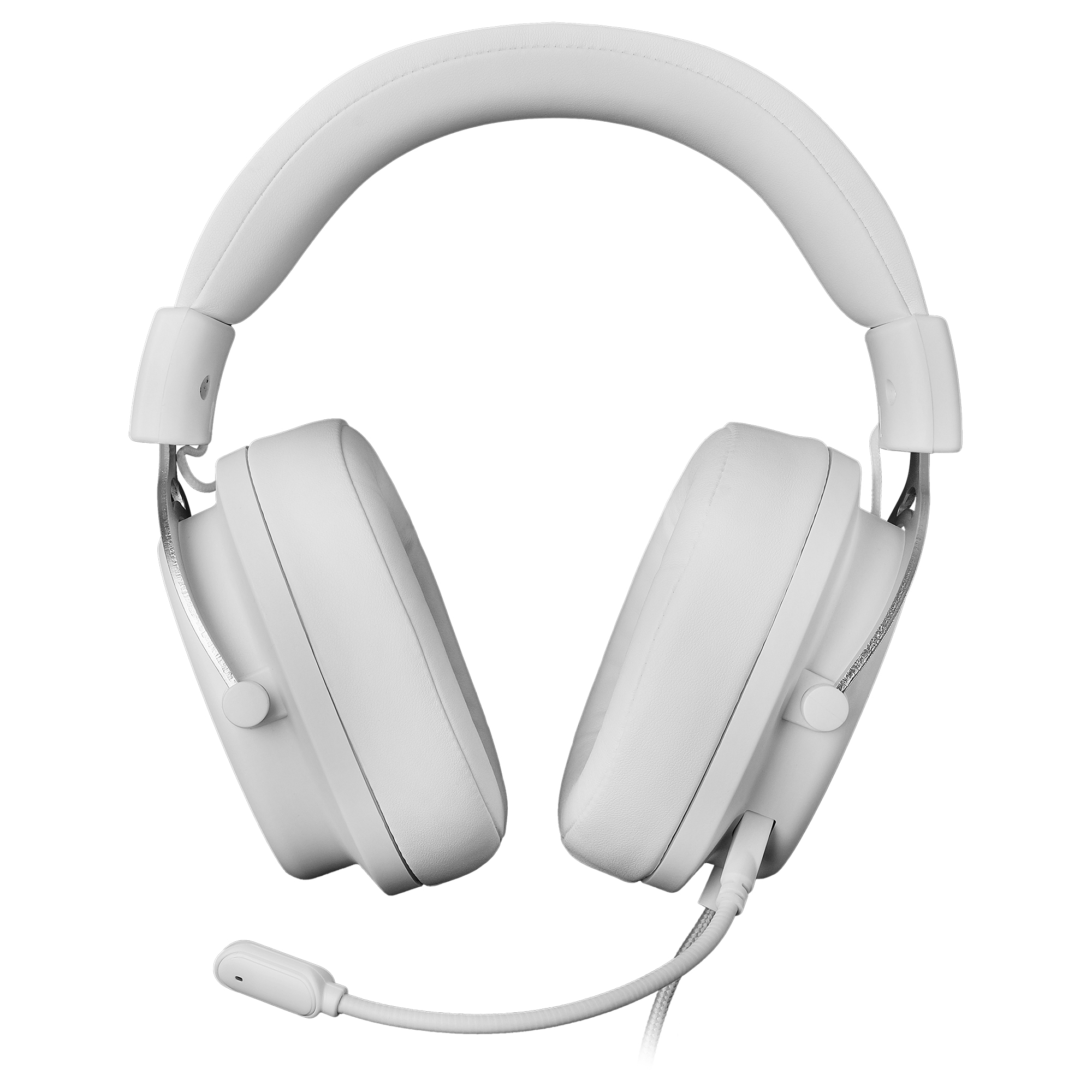 Cuffie over-ear bianche con archetto imbottito, cuscinetti auricolari e braccio del microfono collegato.