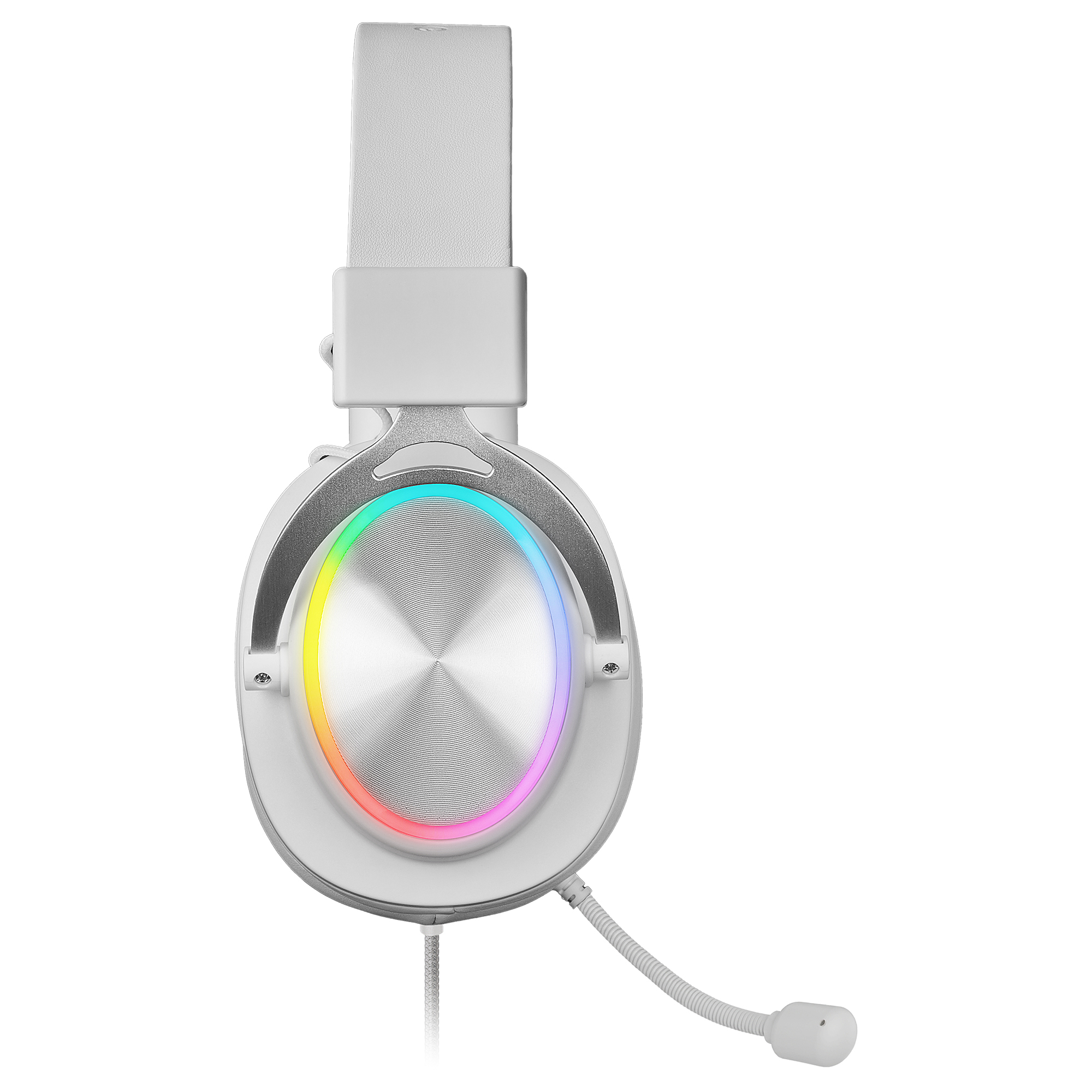Cuffie da gioco bianche con microfono e anello LED colorato sul padiglione rotondo, isolate su sfondo bianco.