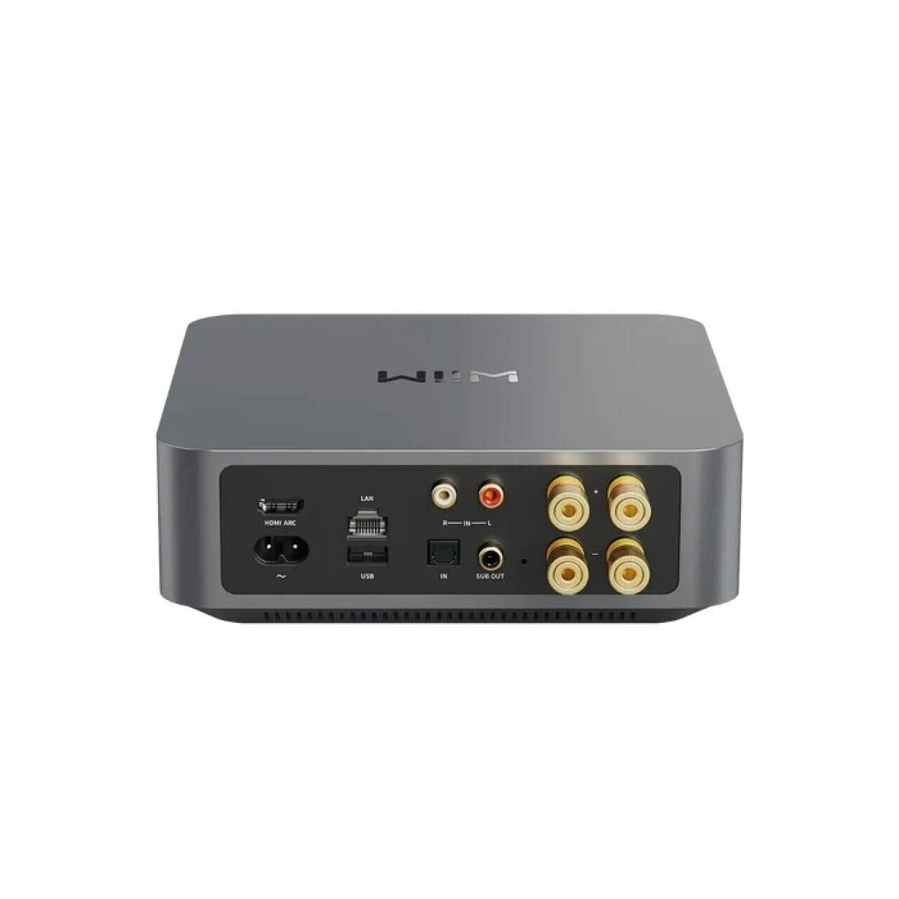 Vista posteriore di un amplificatore audio WiiM grigio con varie porte I/O.
