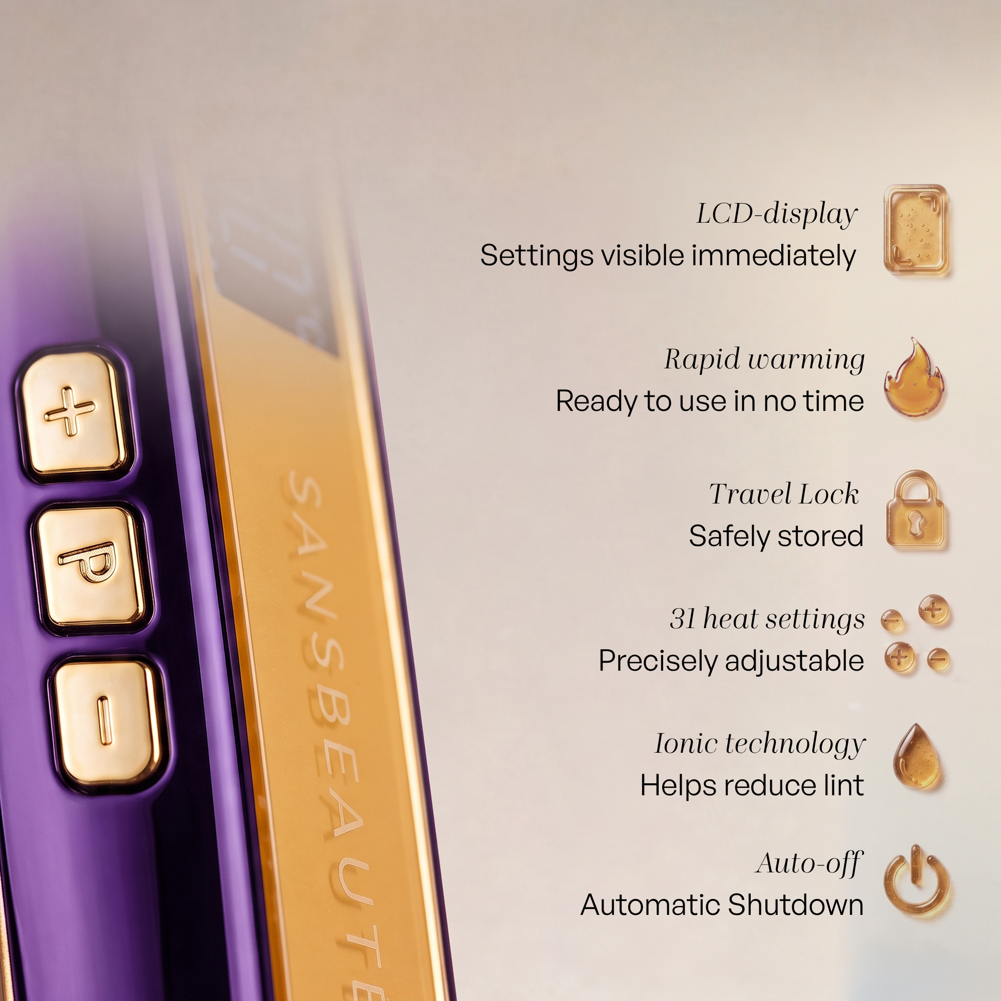 Purple hair straightener with gold buttons and feature infographics like LCD display and heating time.