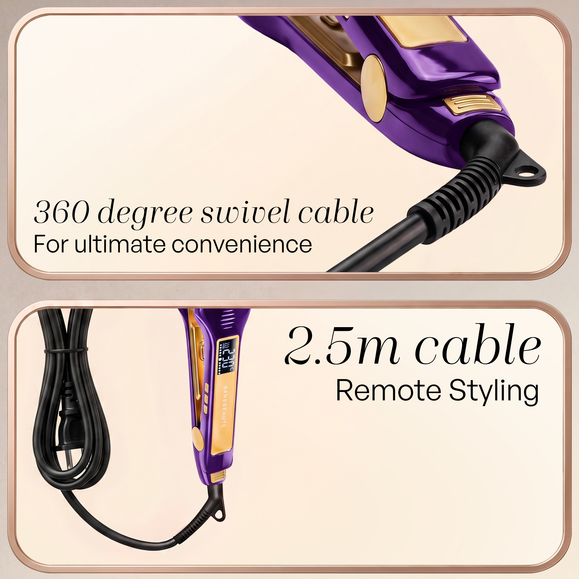 Purple and gold hair straightener featuring a 360-degree swivel cable and a 2.5m cord for remote styling.