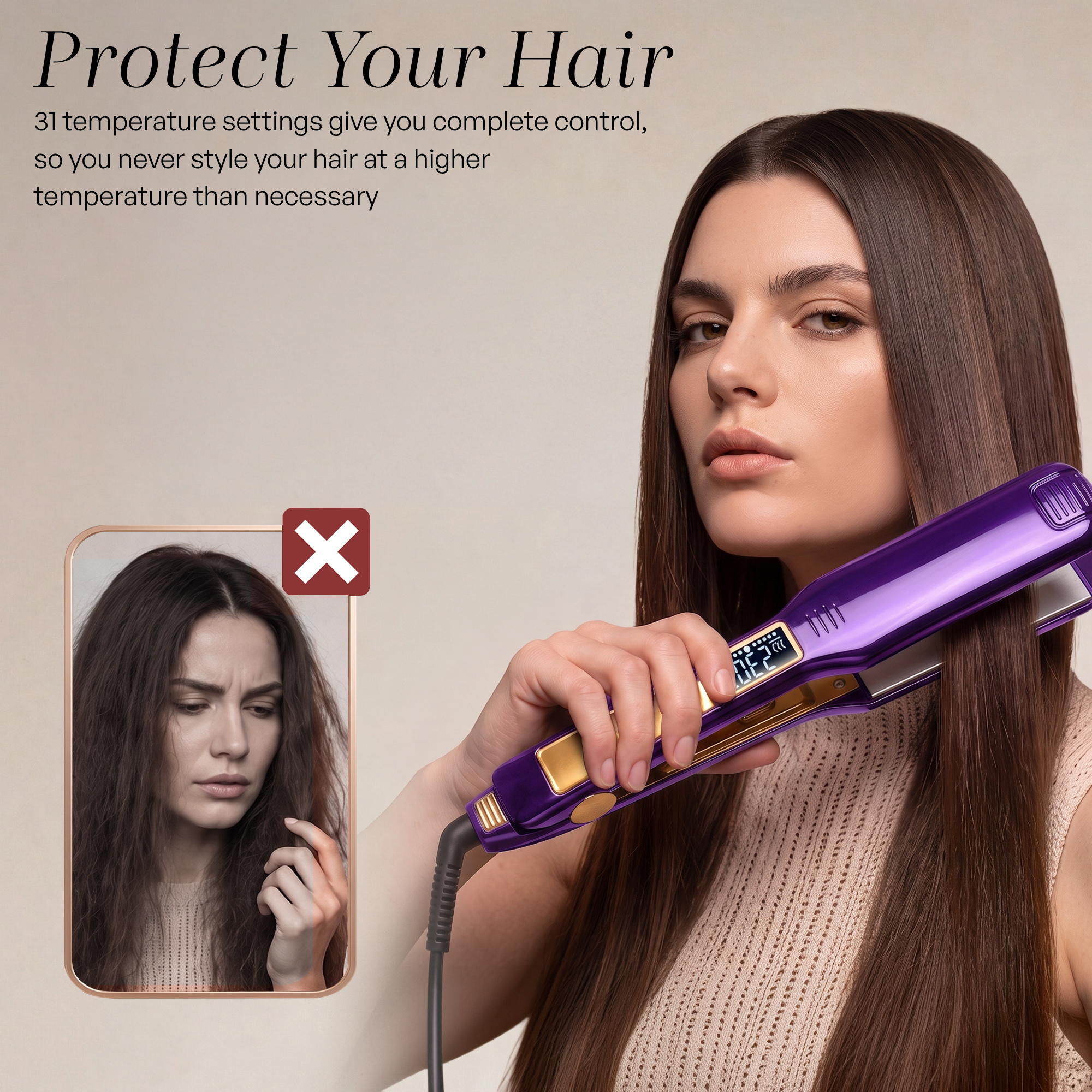 A woman styles her straight hair with a purple hair straightener, while an inset shows frizzy hair with a red X.