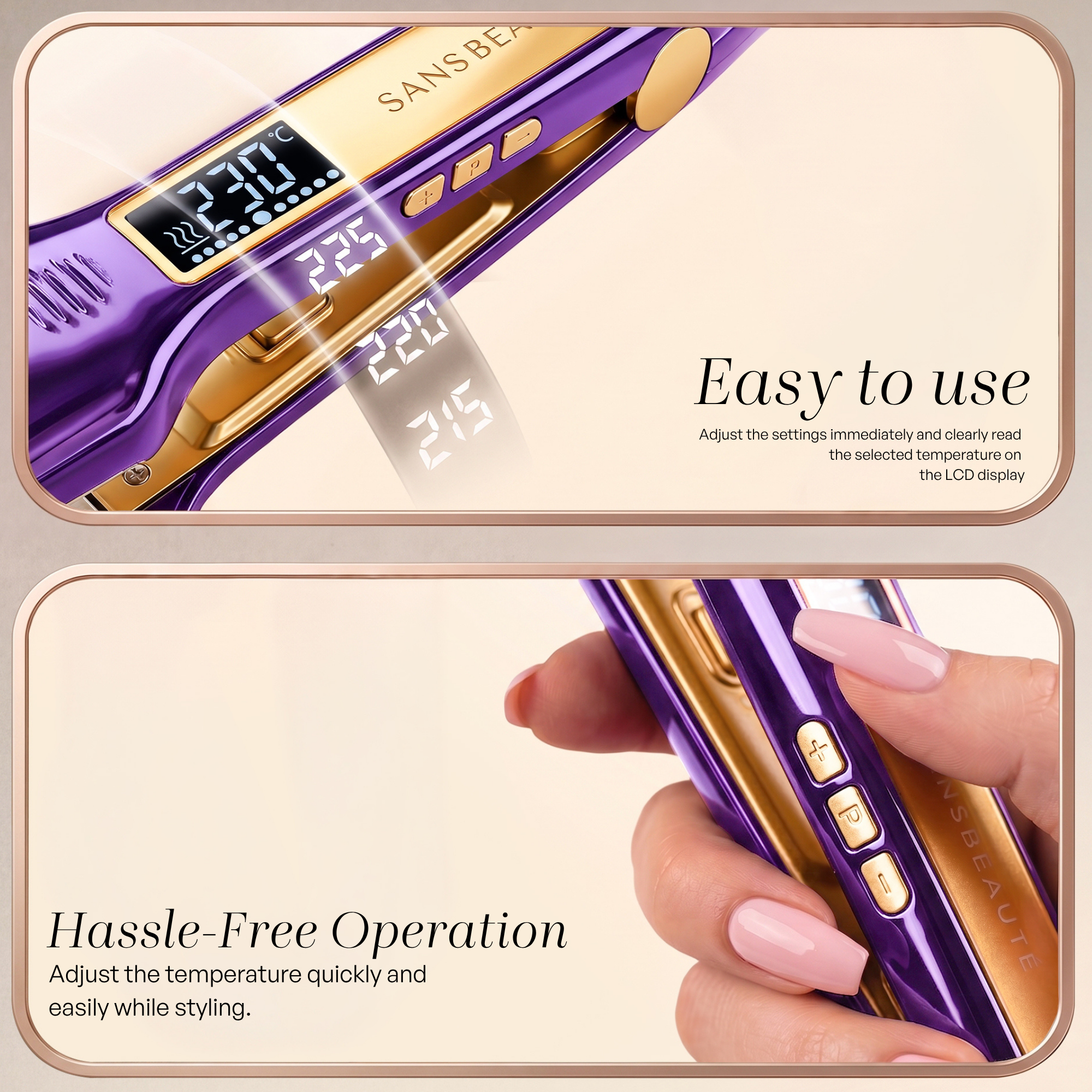 Purple hair straightener with an LCD display and control buttons for temperature adjustment.