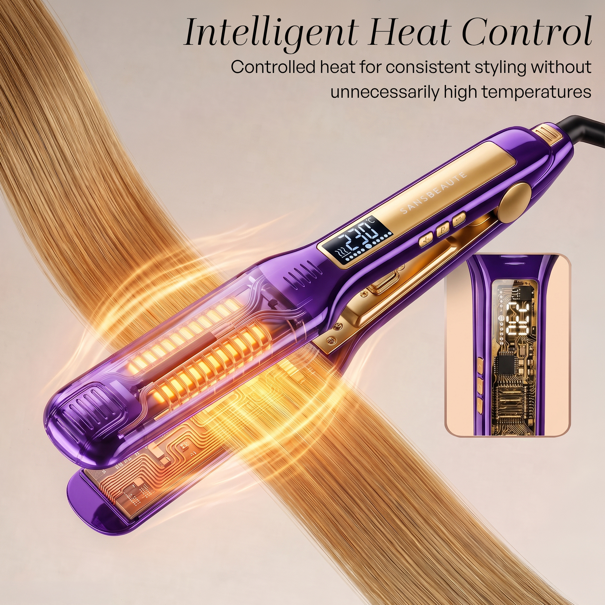 A purple hair straightener with a digital display styling blonde hair. An inset shows its internal circuitry.