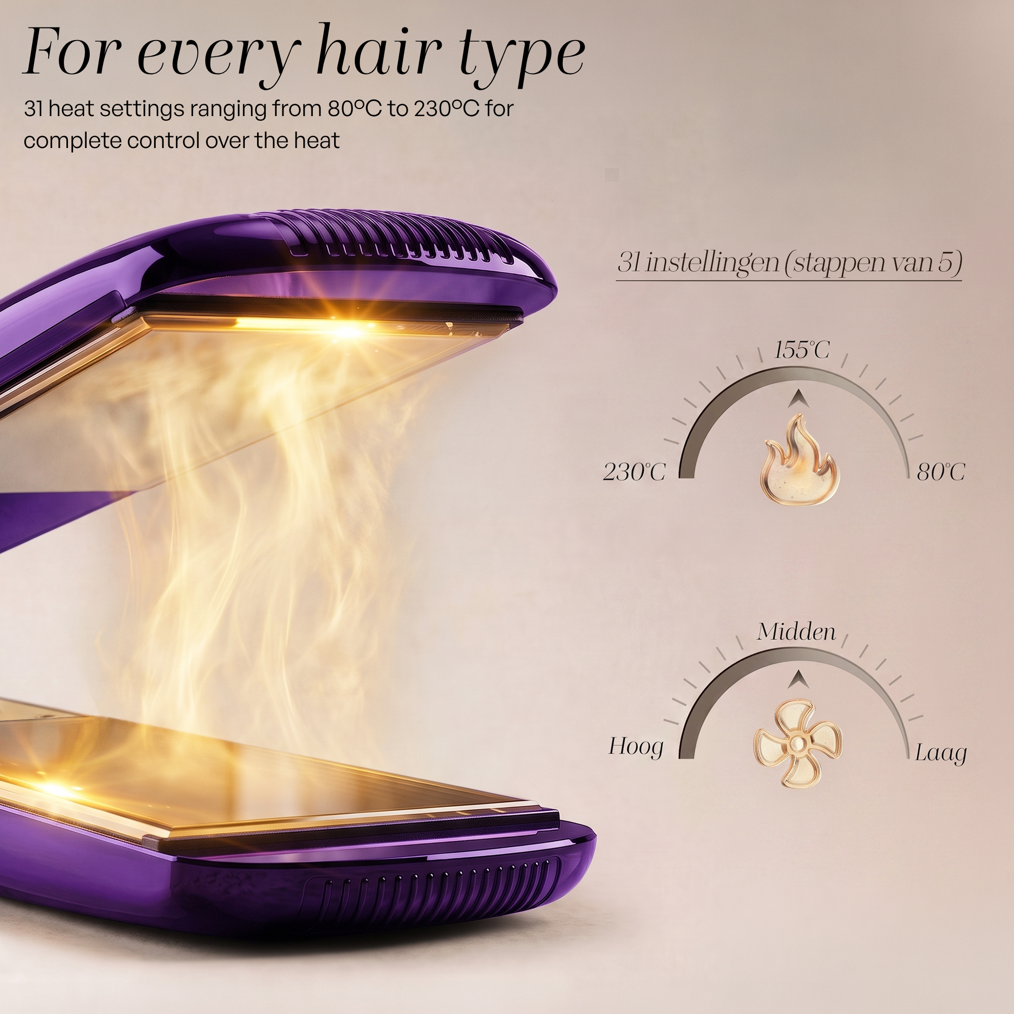 Purple hair styler with 31 heat settings and steam rising between plates.