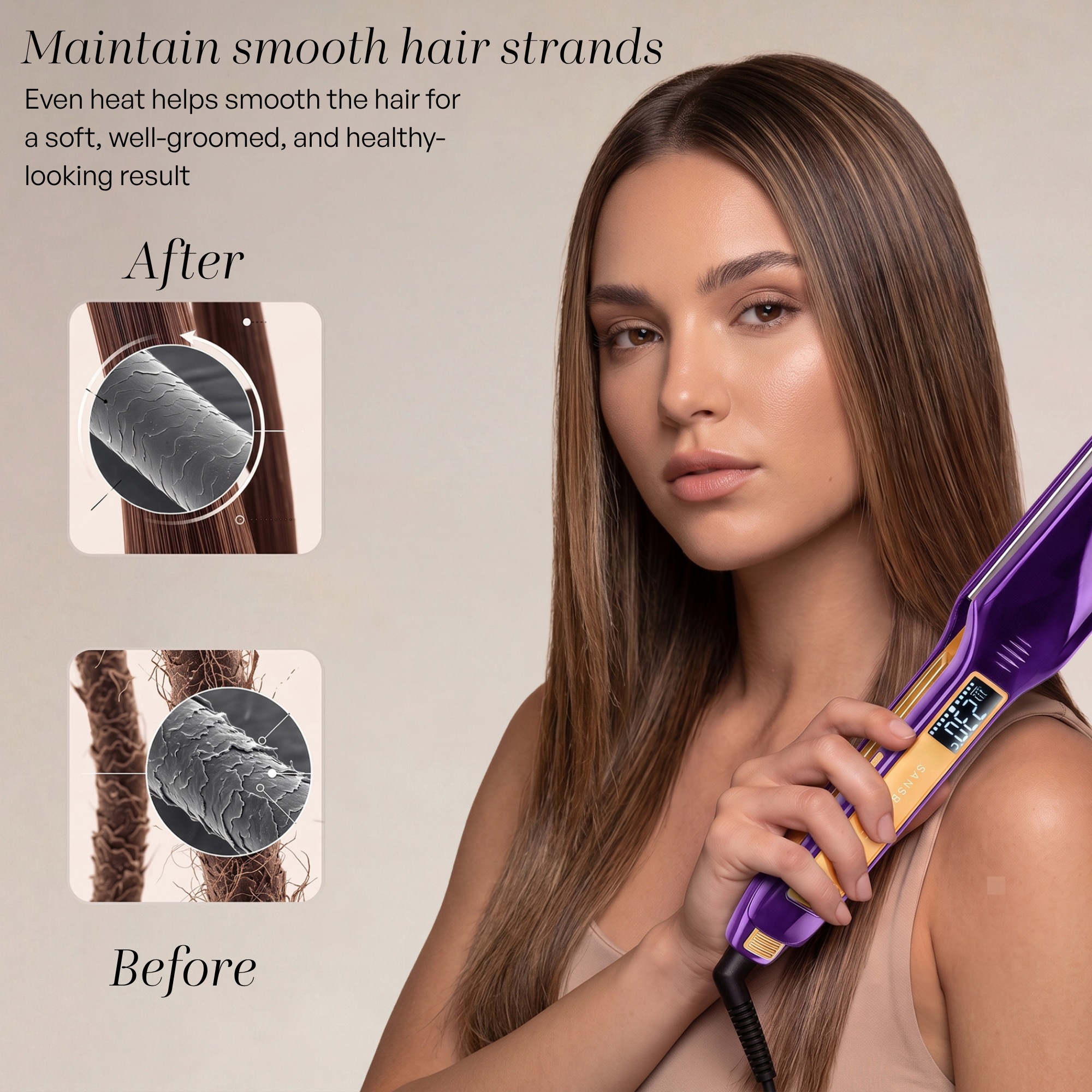 A woman holds a purple hair straightener, with before and after comparison of hair cuticles.