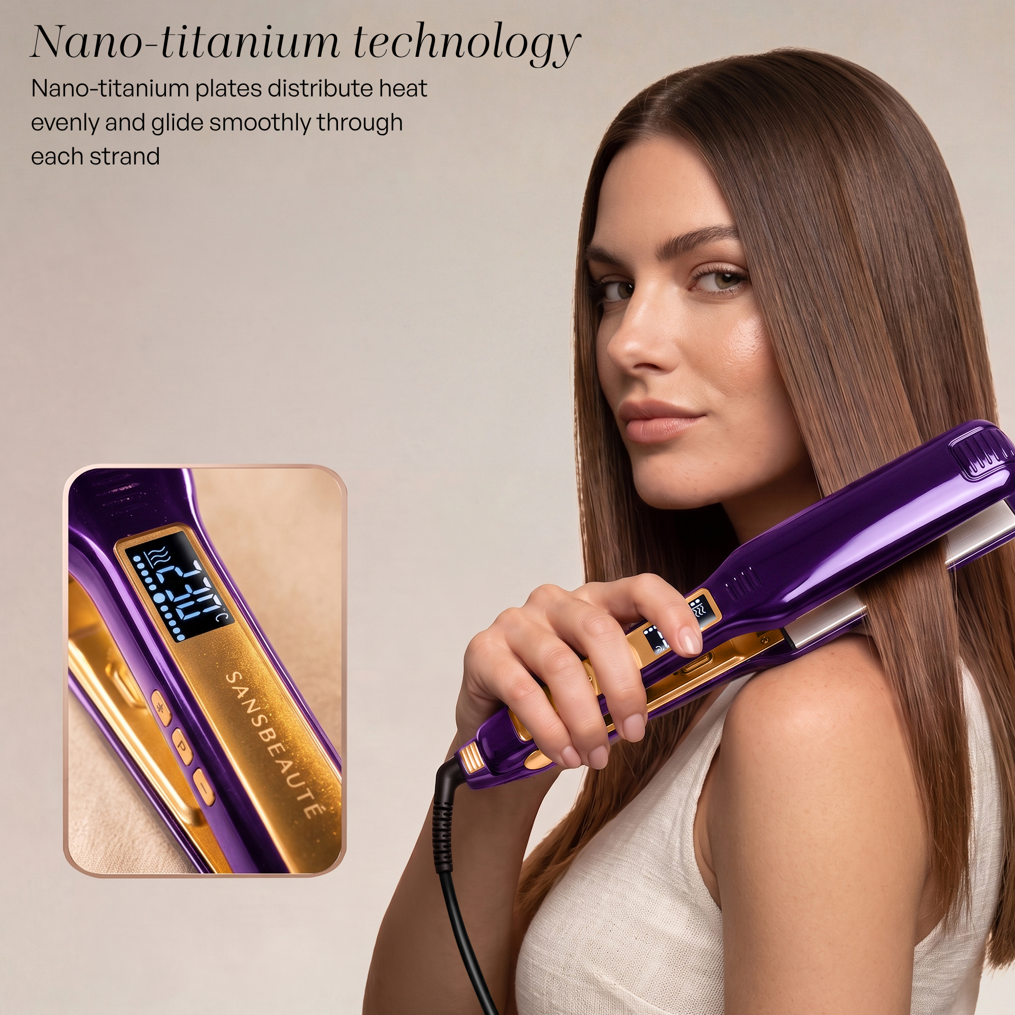 Une femme aux cheveux bruns lisses tient un lisseur violet et doré, avec un insert montrant son affichage numérique.