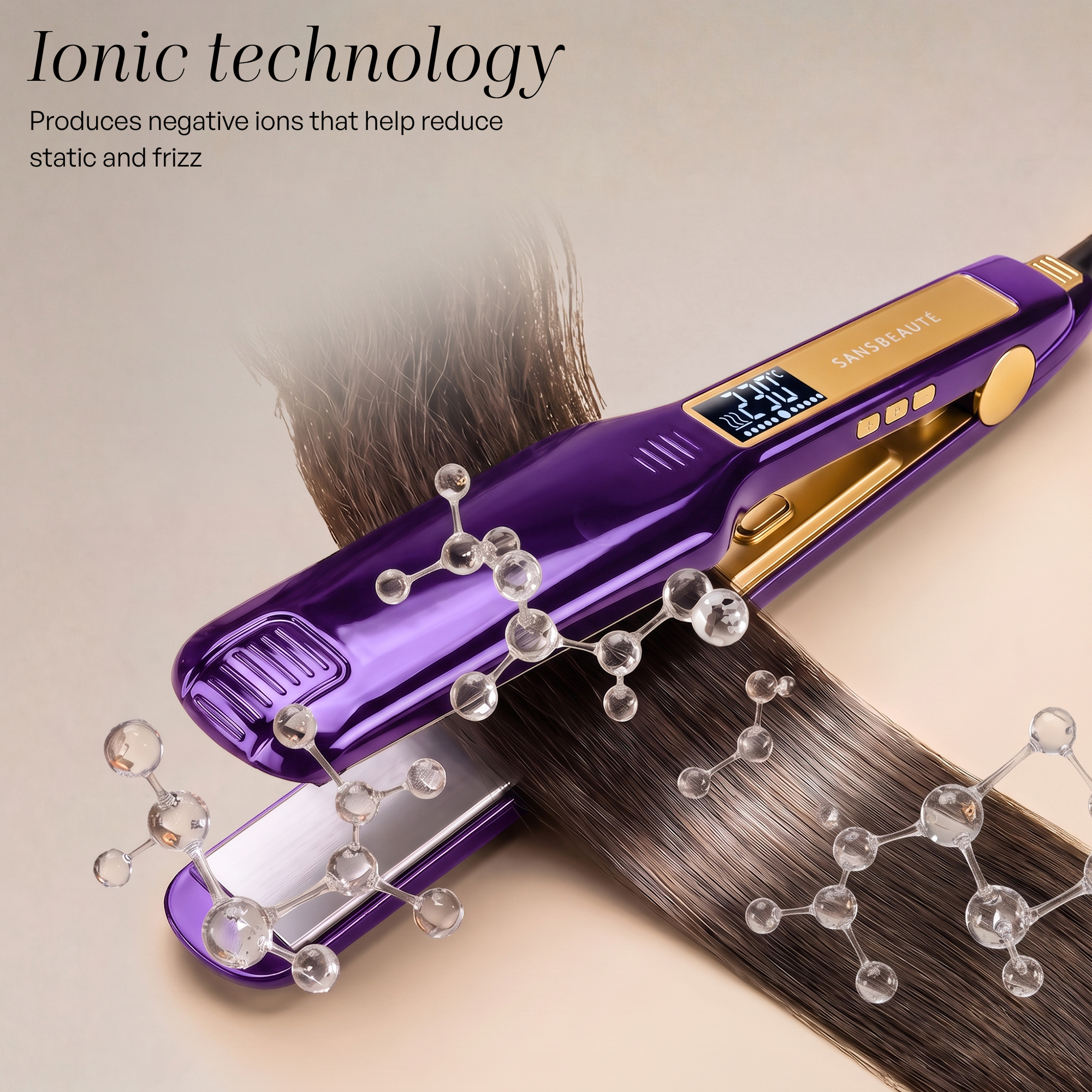 Purple hair straightener with ionic technology and molecule graphics on hair.