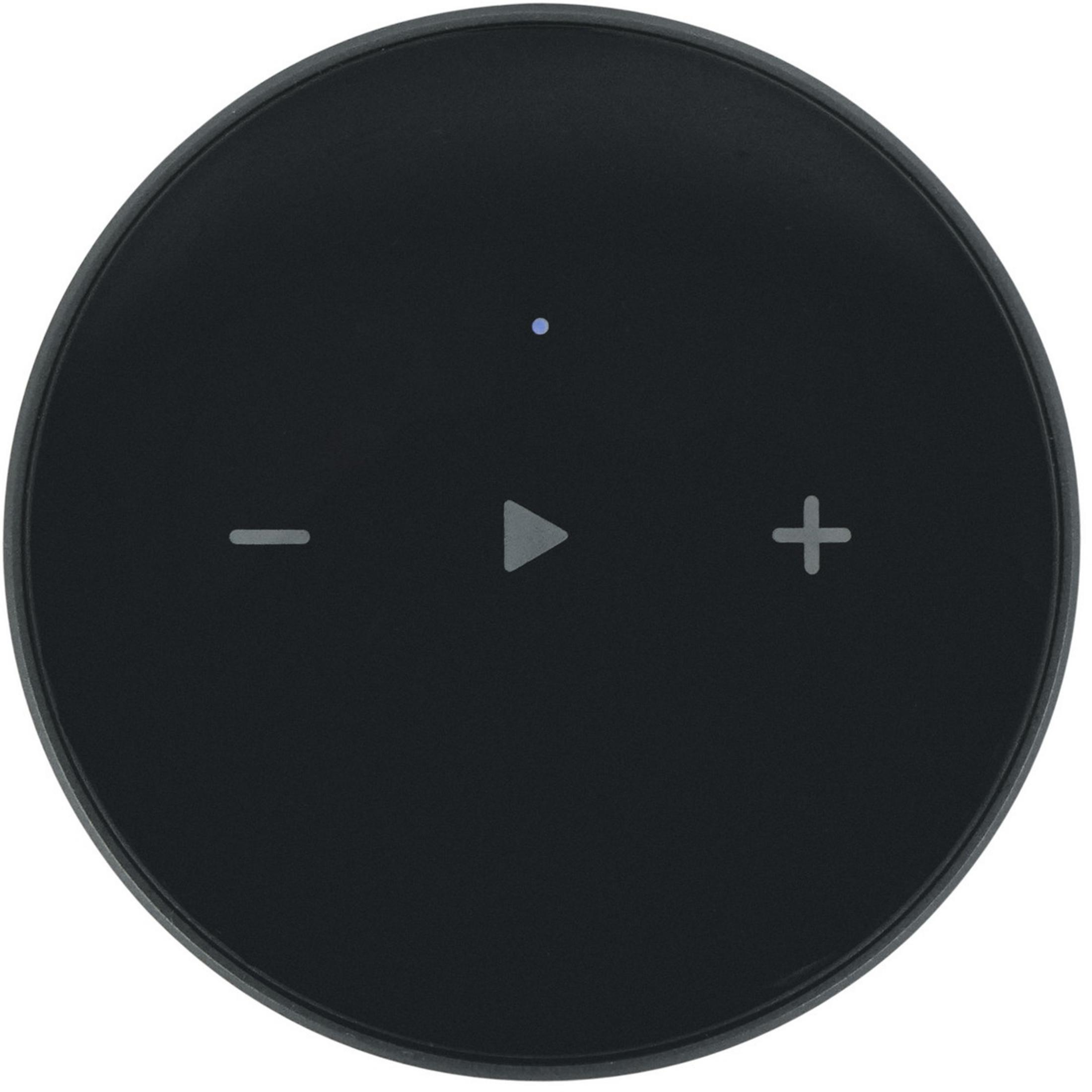 Ein rundes, schwarzes Bedienfeld mit Minus-, Play- und Plussymbolen sowie einer blauen LED oben.