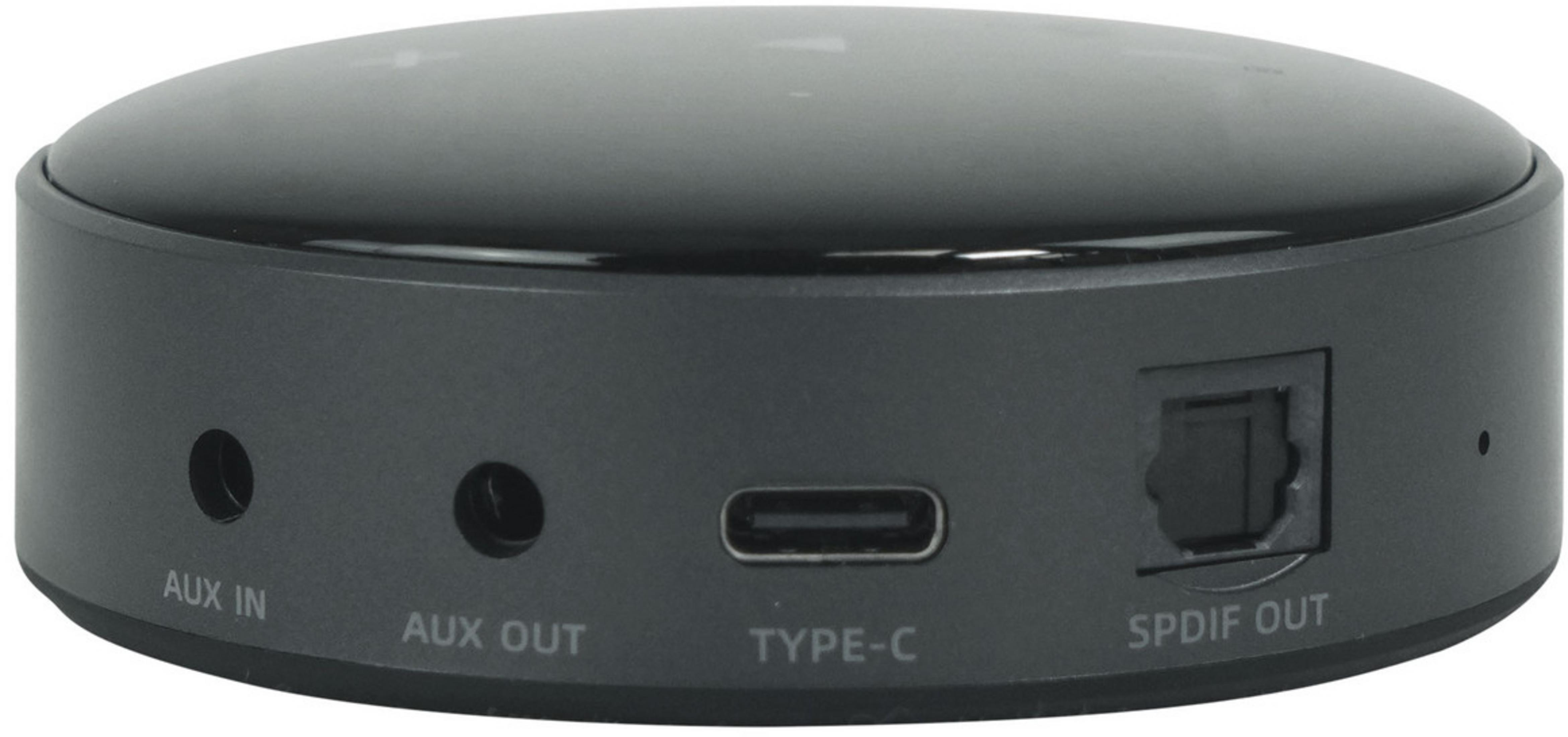 Ein schwarzer, runder Audio-Empfänger mit Anschlüssen für AUX IN, AUX OUT, TYPE-C und SPDIF OUT an der Seite.