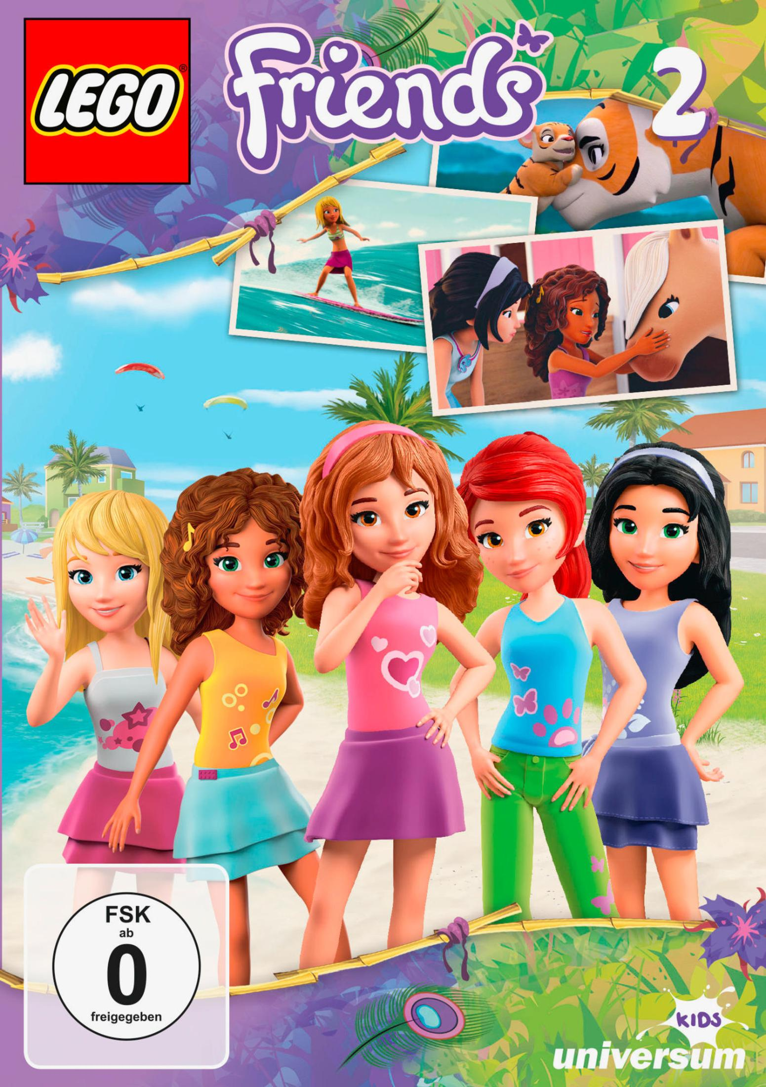 Fünf Lego Friends Charaktere stehen am Strand mit Fotos, Tieren und dem Lego Friends 2 Logo oben.