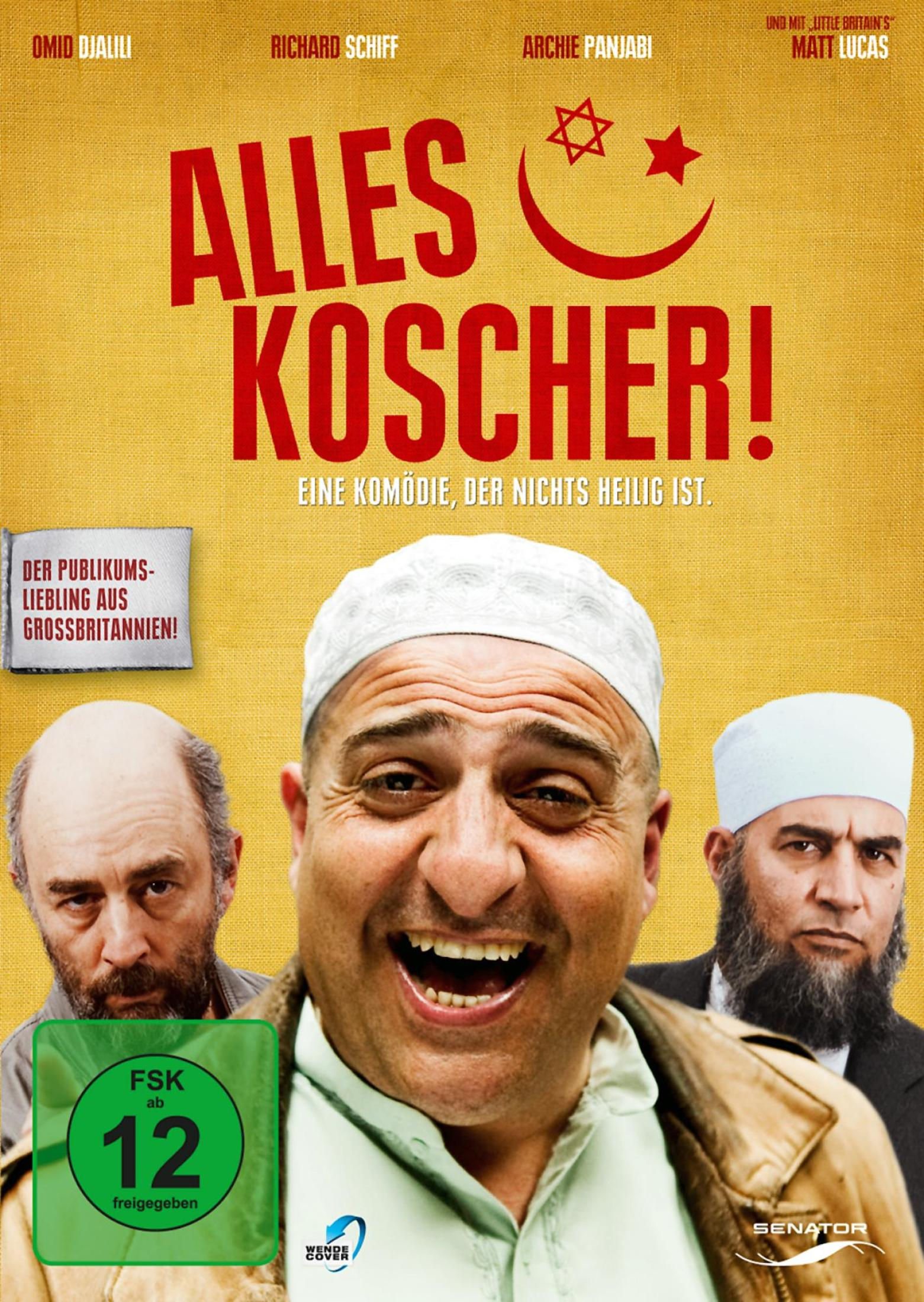 Filmposter zu Alles Koscher mit drei Männern, rotem Text, gelbem Hintergrund und FSK-12-Freigabe.