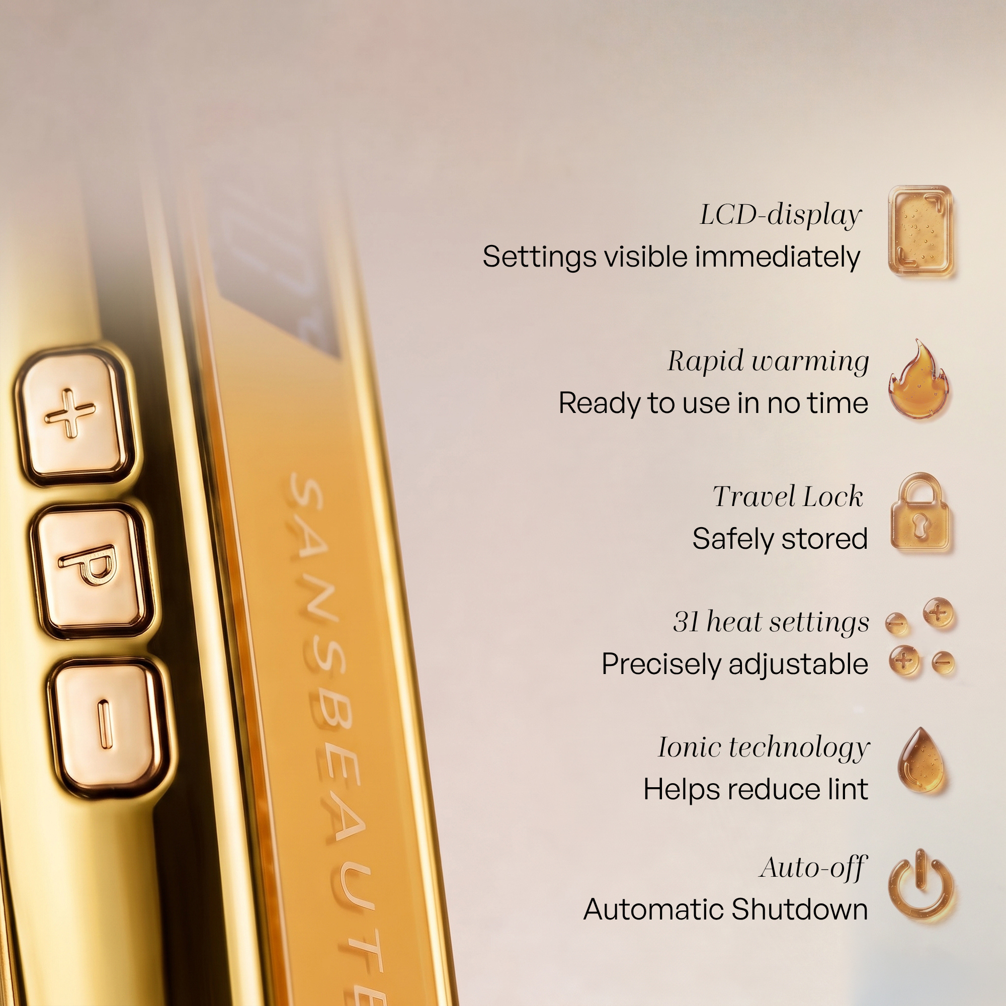 Gold device with buttons and text listing features like LCD display, rapid warming, and travel lock.