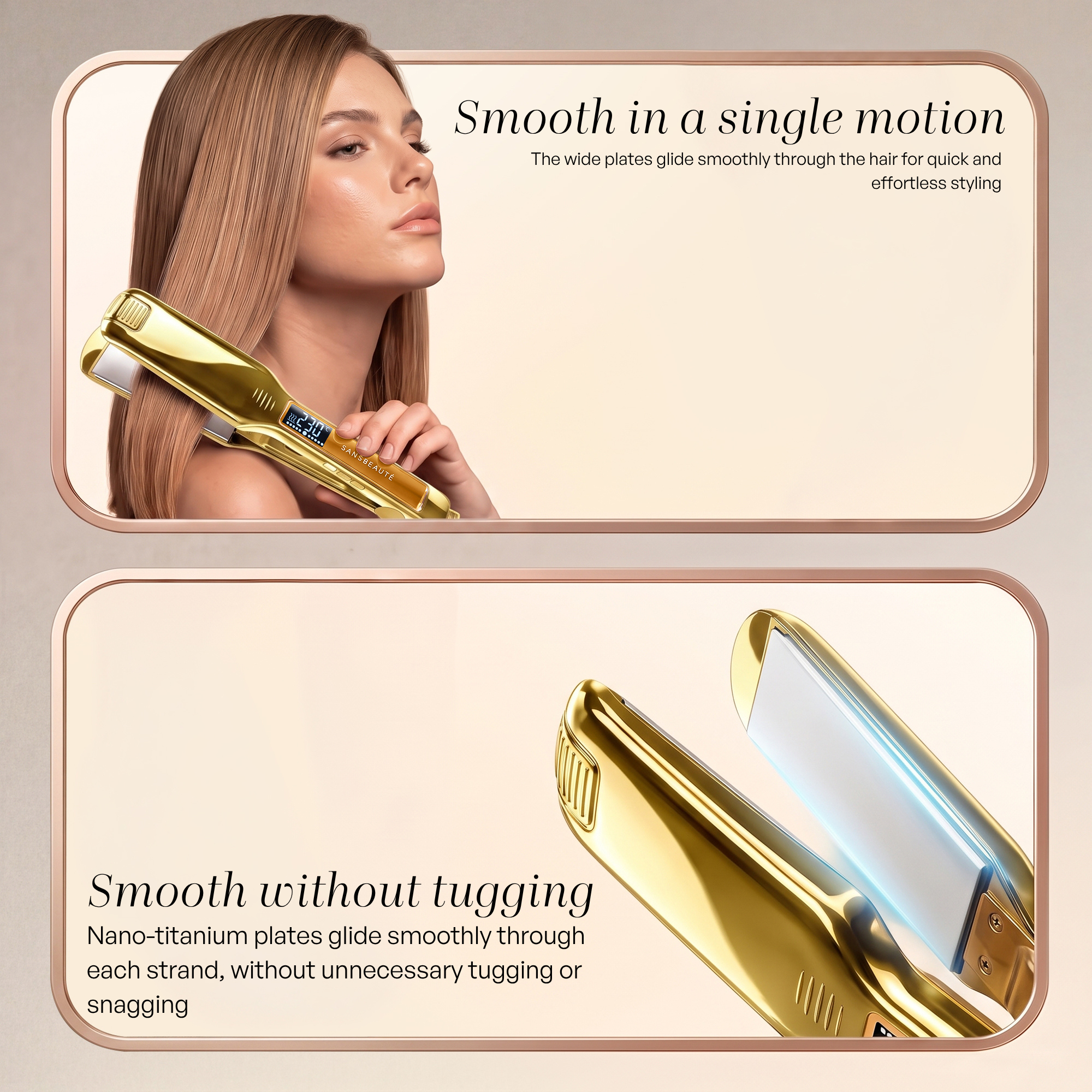 A woman straightens her long hair with a gold hair straightener. Text displays product benefits.