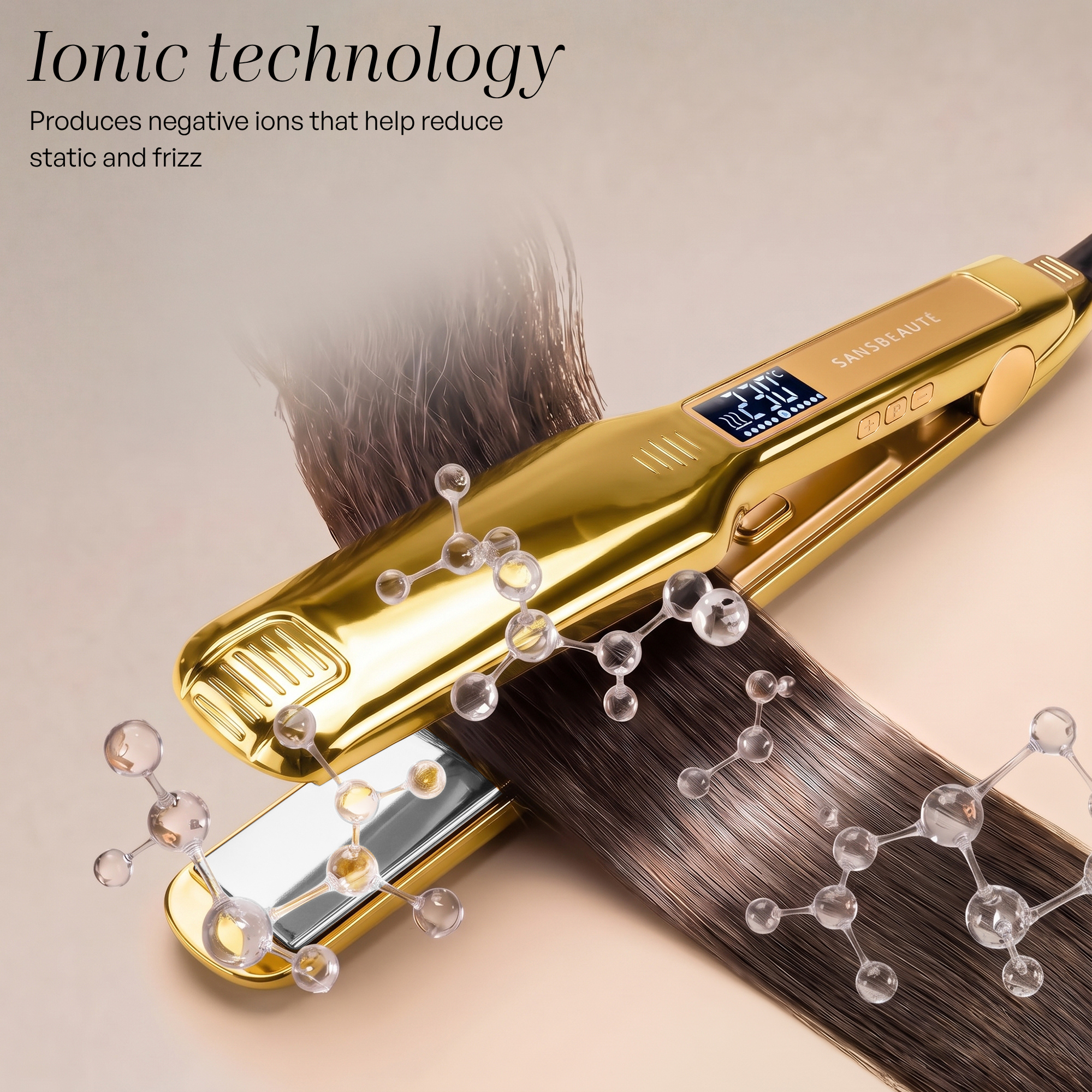 Gold hair straightener with hair strand and molecule models, plus text on ionic technology.