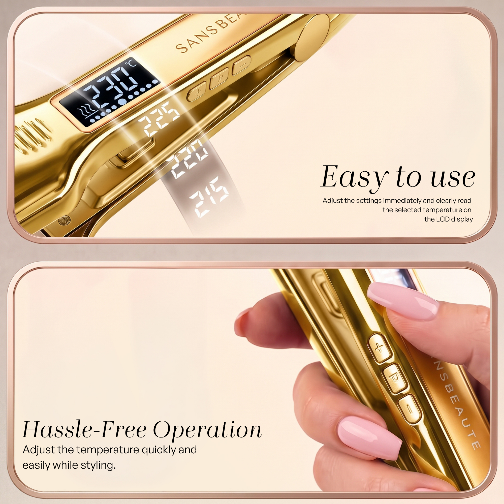 A gold hair straightener highlights the LCD temperature display and easy one-handed operation.