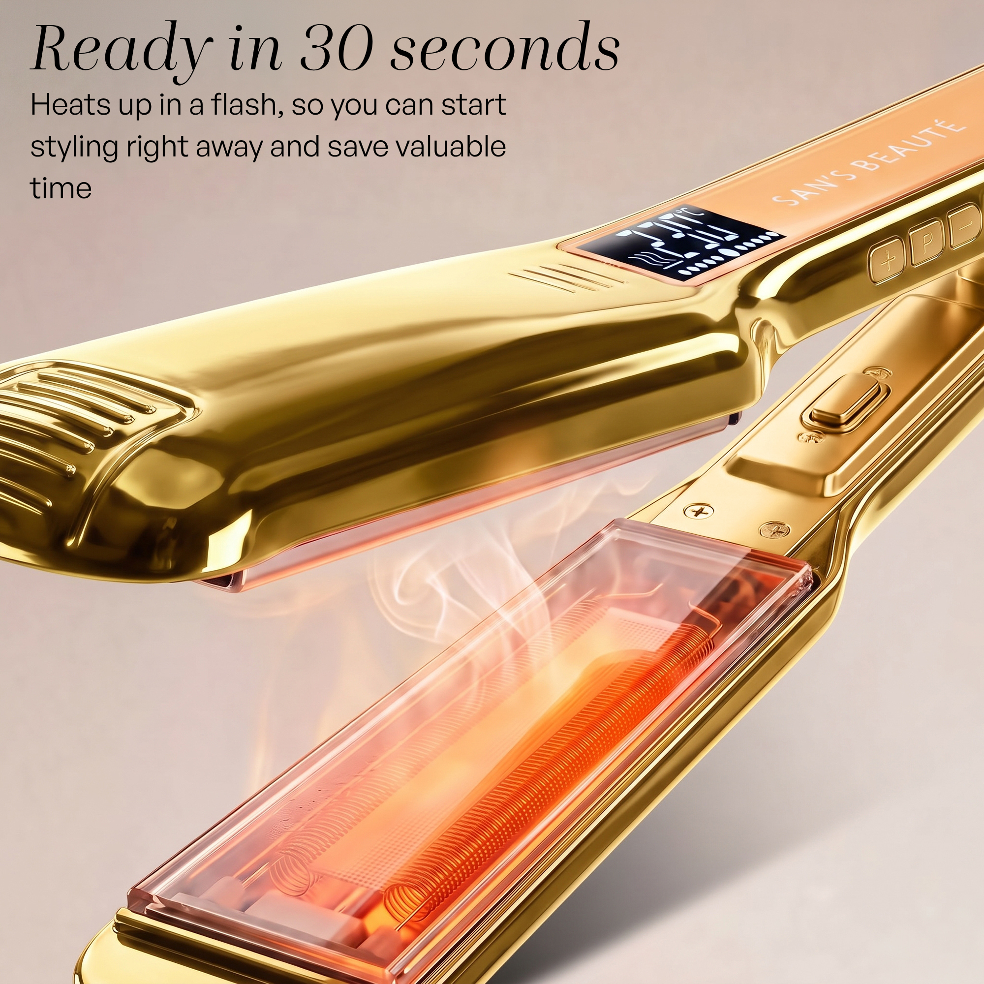 A shiny gold hair straightener with a digital display and visible heat.