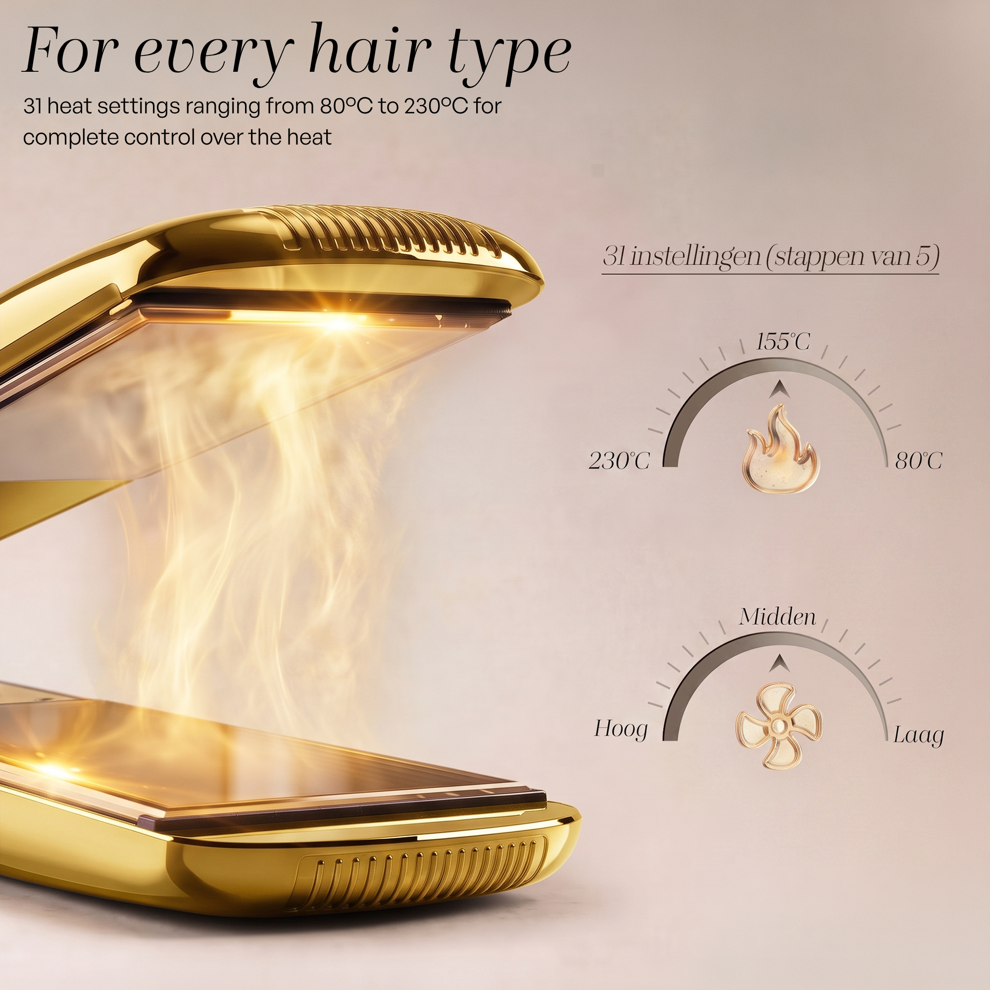 A gold hair straightener with open plates, rising steam, and two dials for heat and airflow settings.