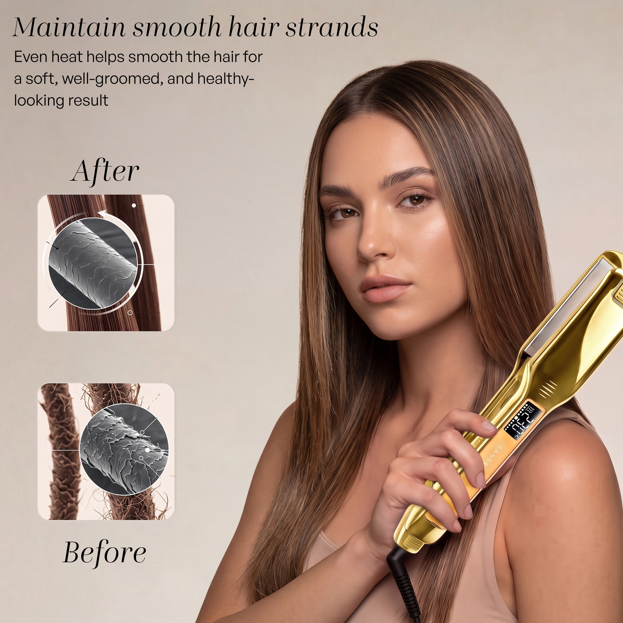 Woman holding gold hair straightener; diagrams show smooth versus damaged hair.