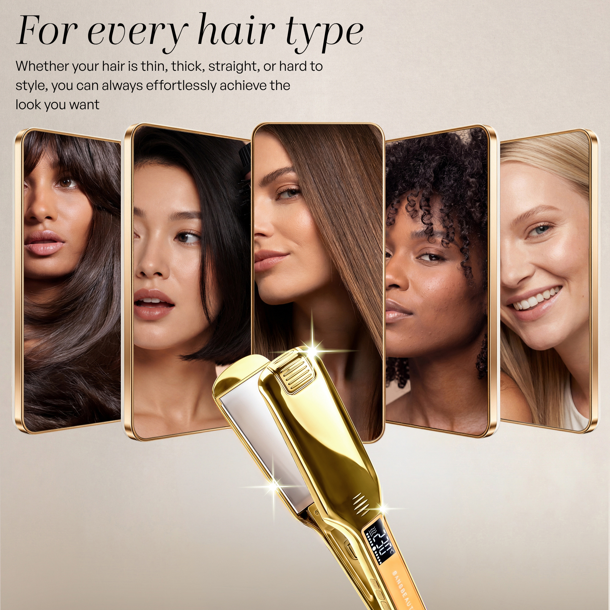 Un lisseur de cheveux doré brillant au premier plan, avec cinq femmes aux types de cheveux variés derrière.