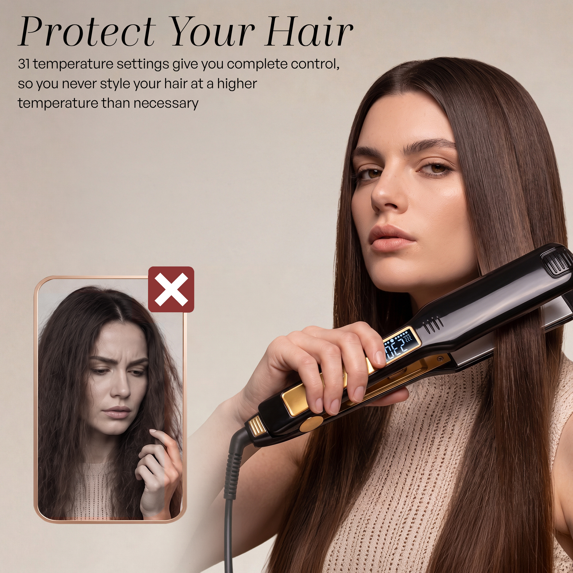 Une femme lisse ses cheveux avec un fer noir; un encadré montre des cheveux frisés avec une croix rouge.