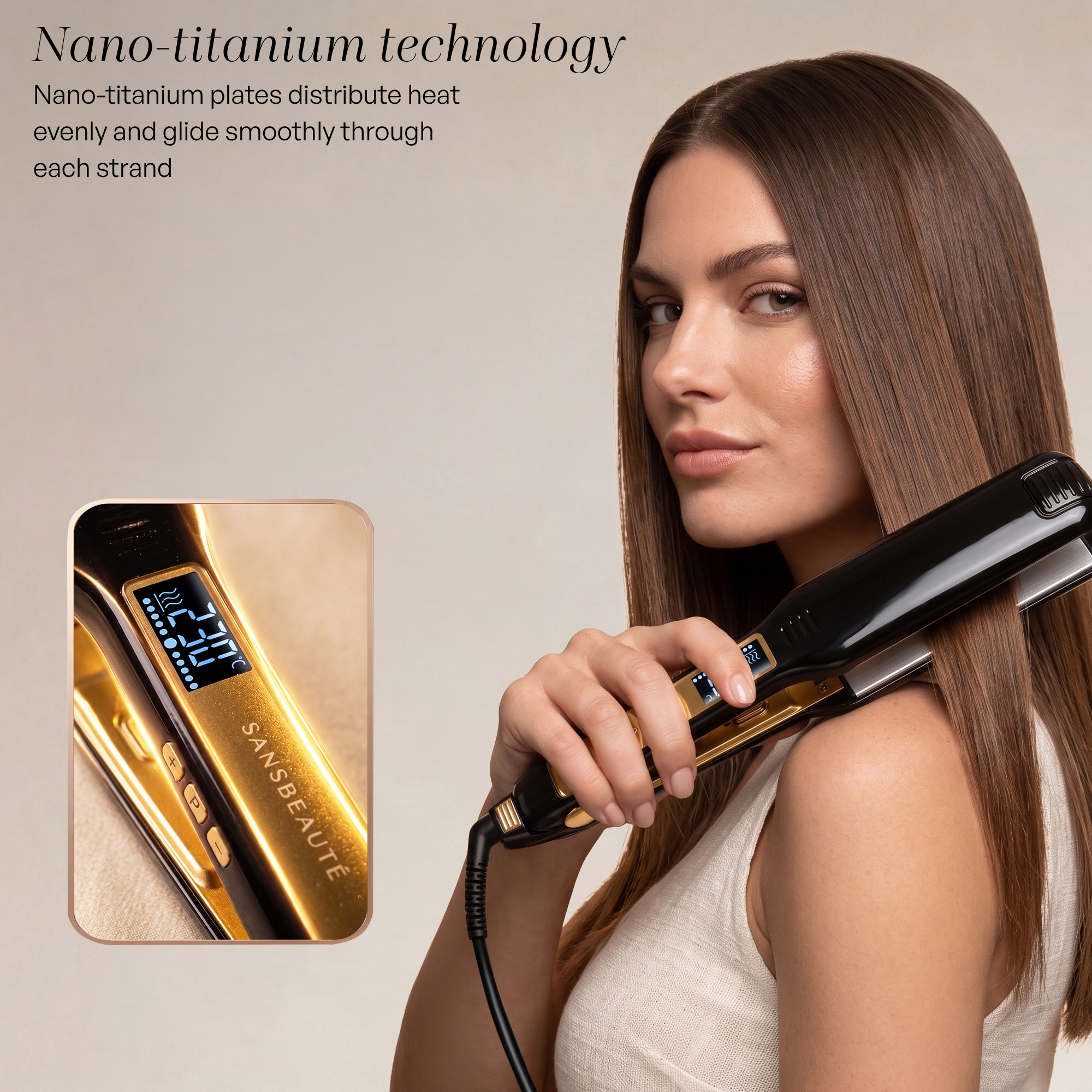 Une femme tient un lisseur noir tandis qu'un texte promeut la technologie nano-titane.