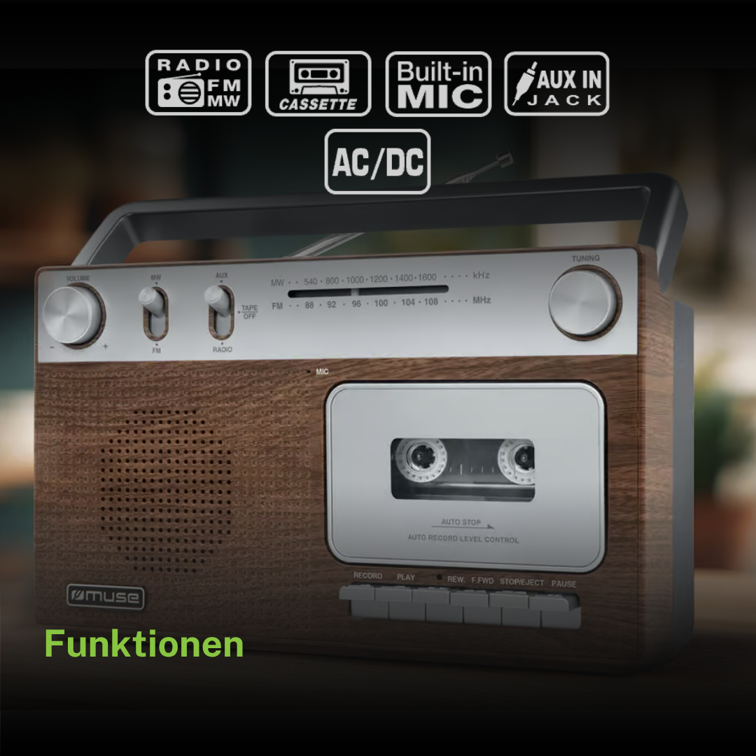 Retro-Radio mit Kassettenrekorder, Lautstärkeregler und Senderskala vor dunklem Hintergrund.