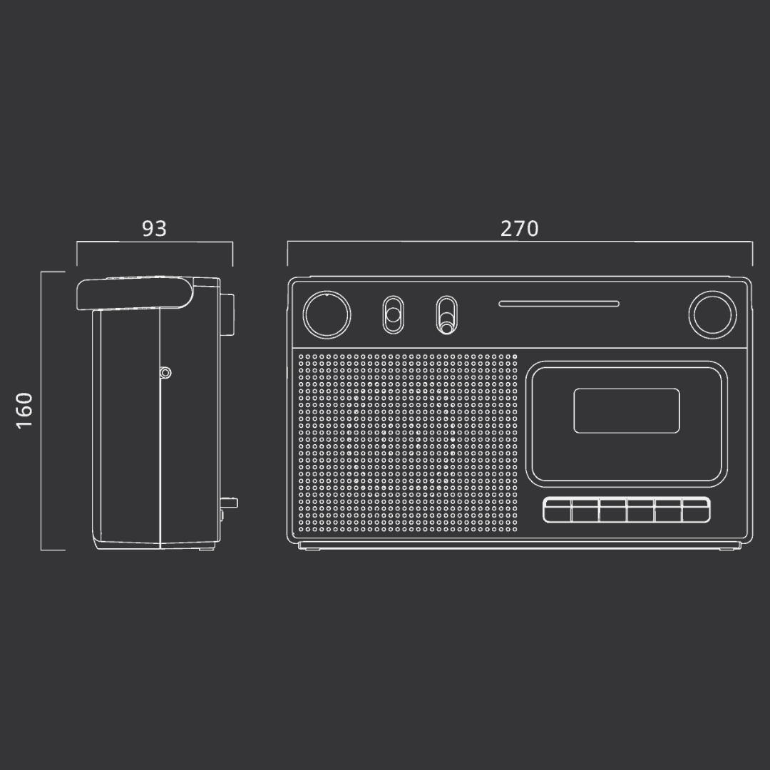 Technische Zeichnung eines tragbaren Kassettenradios mit Maßangaben von 270x93x160 mm.