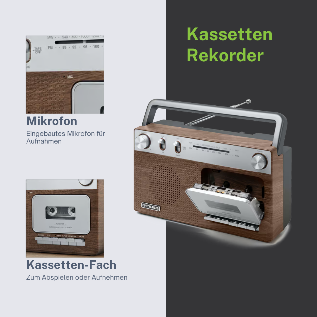 Holzfarbener Kassettenrekorder mit Mikrofon und offenem Kassettenfach.