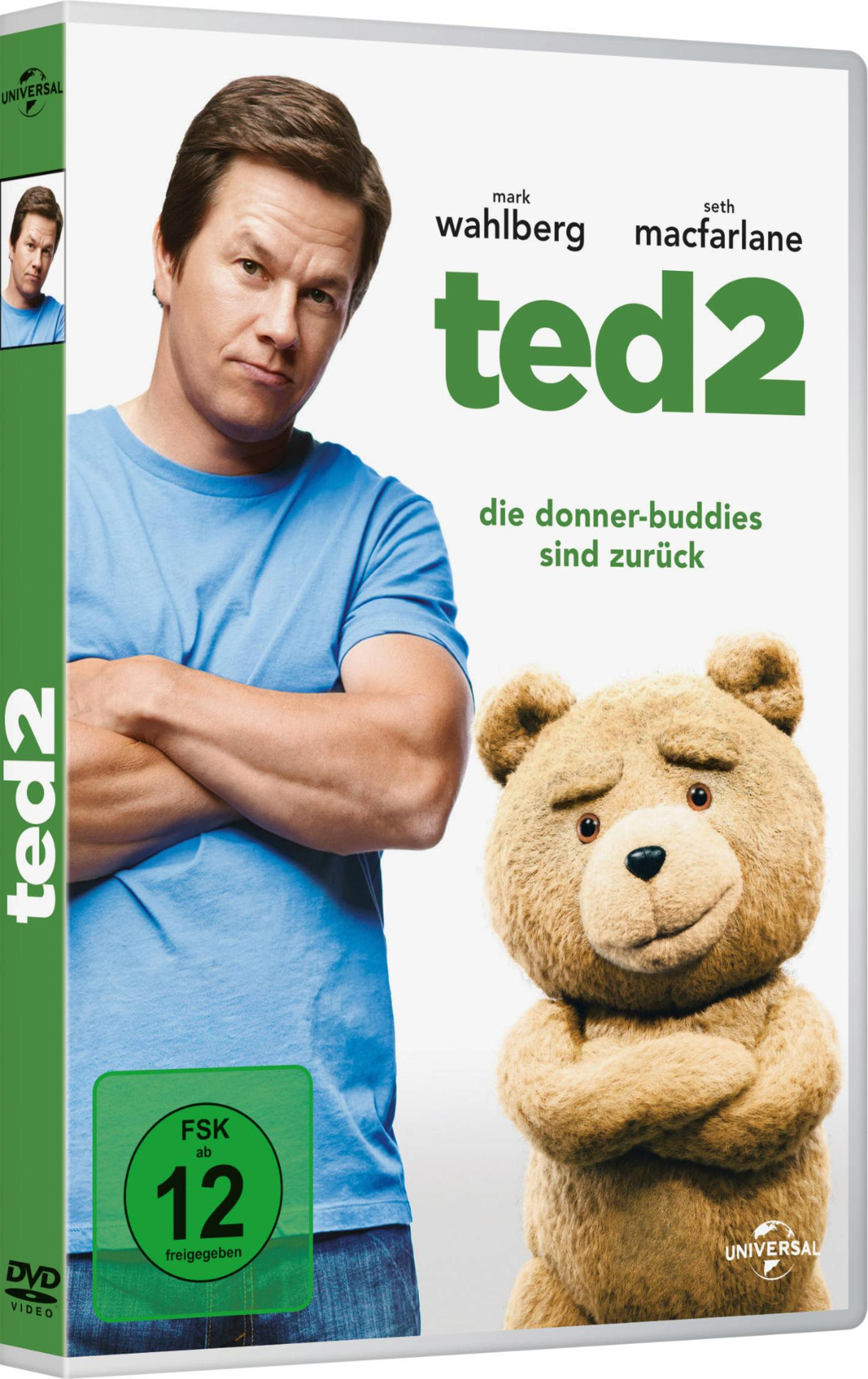 DVD-Cover von Ted 2 mit Mark Wahlberg und dem Teddybären Ted mit verschränkten Armen.
