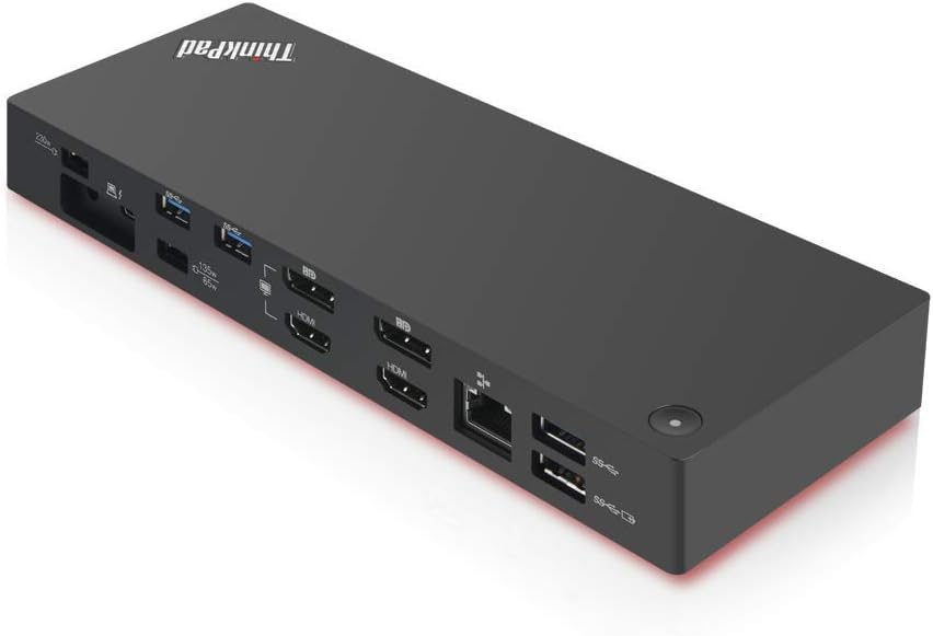 Stazione di docking Lenovo ThinkPad nera con porte multiple.