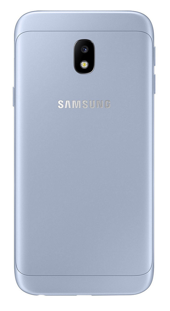 Rückseite eines hellblauen Samsung-Smartphones mit vertikaler Kamera und Blitz oben mittig.