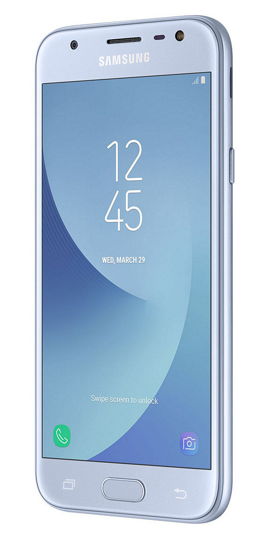 Ein blaues Samsung-Smartphone mit angeschaltetem Bildschirm, das die Uhrzeit 12:45 und das Datum 29. März anzeigt.