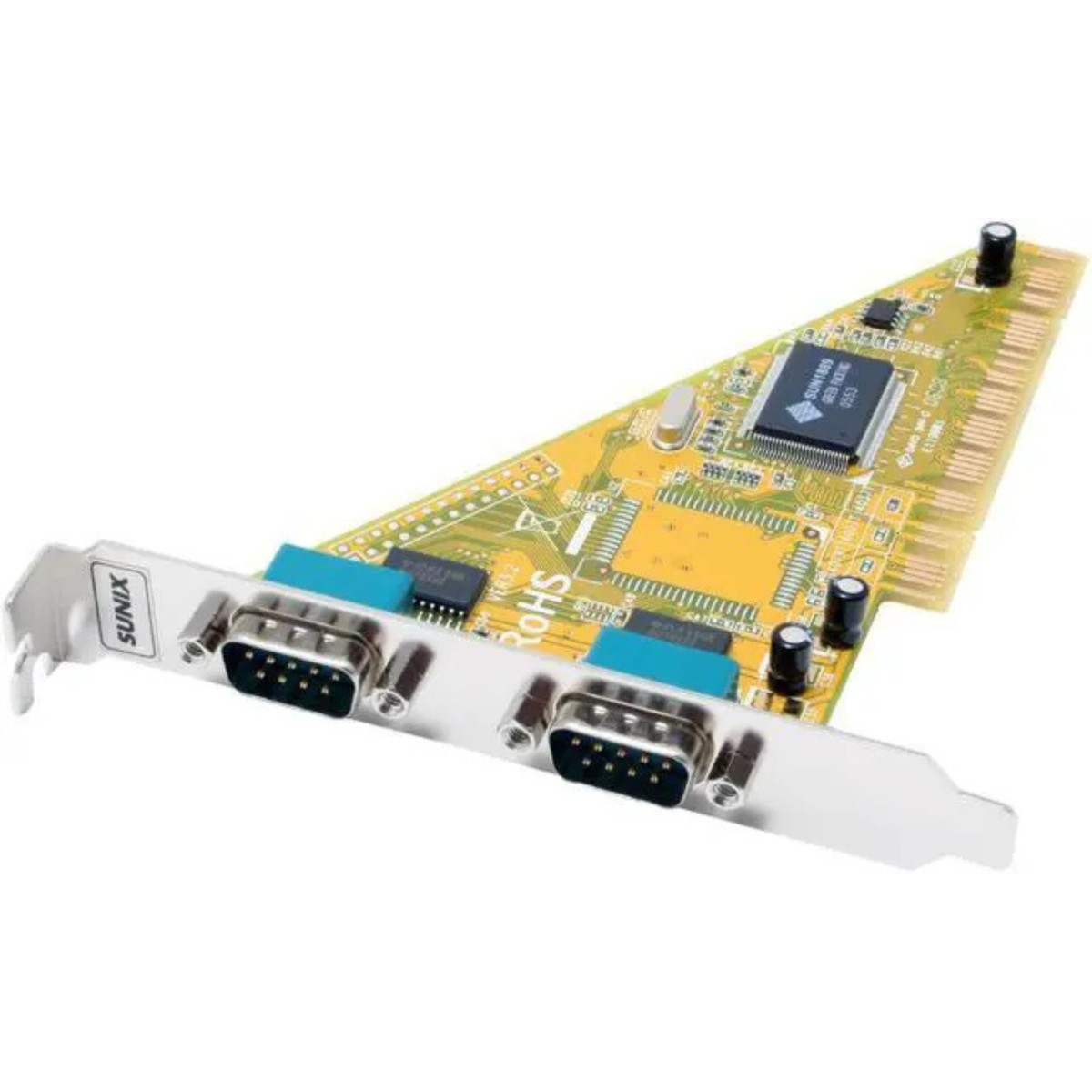 Una scheda di espansione per computer gialla con due porte seriali e componenti elettronici.