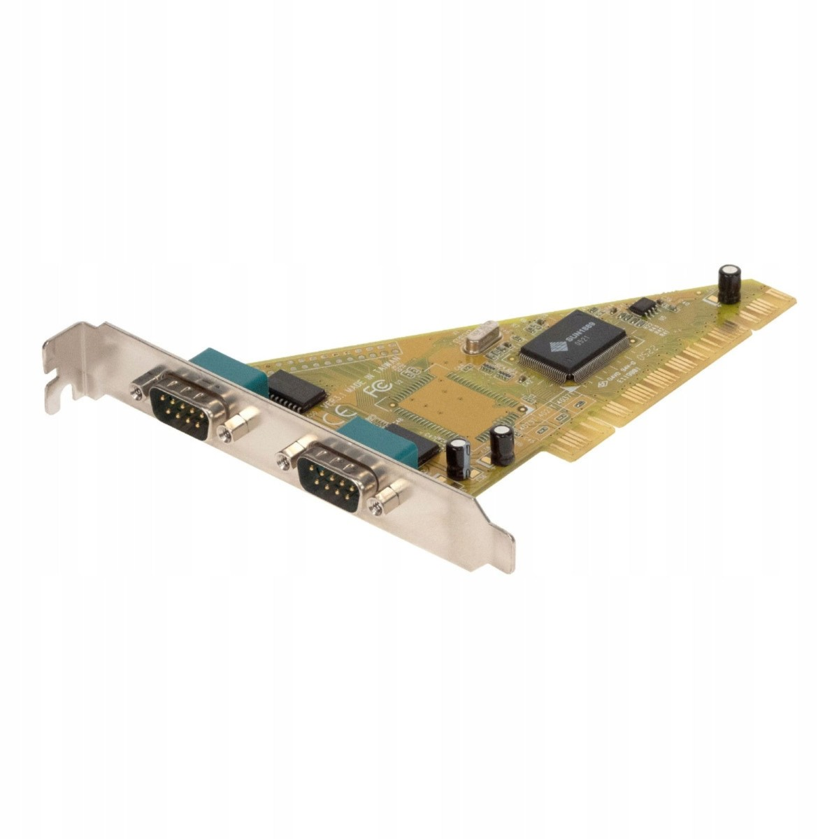 Una scheda di espansione PCI beige con due porte seriali su staffa metallica su sfondo bianco.