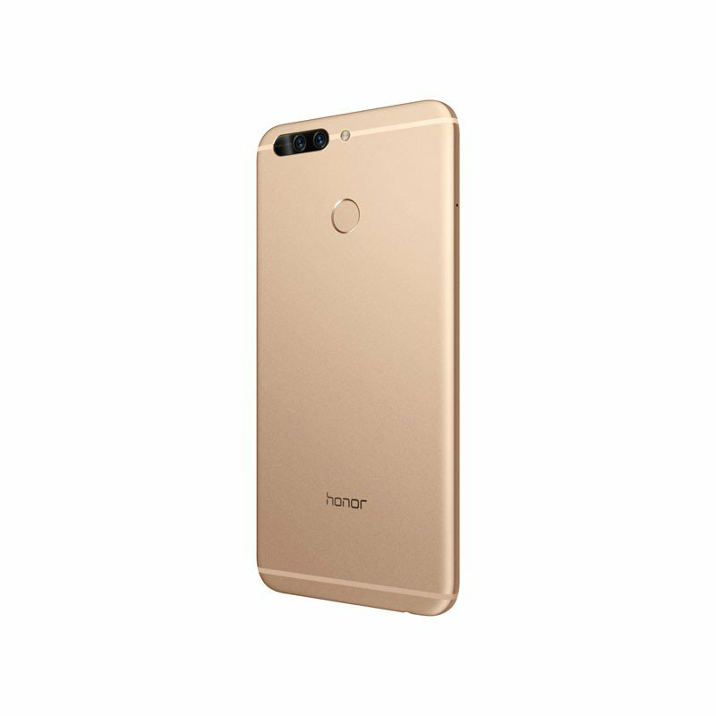 Retro di uno smartphone Honor dorato con doppia fotocamera e sensore di impronte su sfondo bianco.