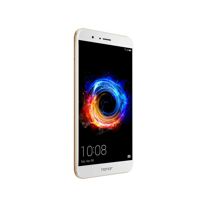 Uno smartphone Honor bianco leggermente inclinato, con uno sfondo vorticoso e colorato sullo schermo nero.