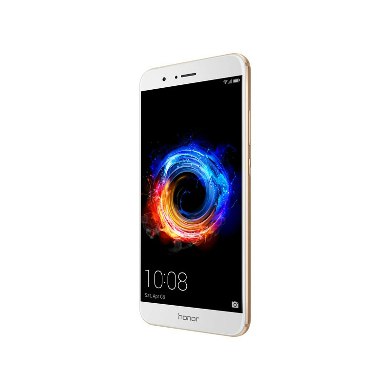 Smartphone Honor bianco con bordo dorato, che mostra uno sfondo colorato e vorticoso e le 10:08.