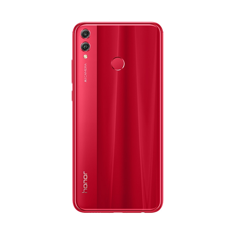 Rückseite eines roten Smartphones mit Dual-Kamera, Fingerabdrucksensor und dem Honor-Logo.